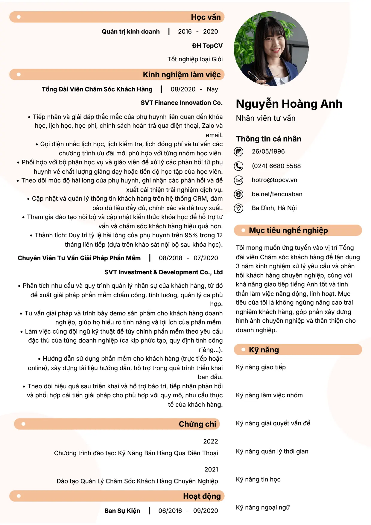 Mẫu CV xin việc Nhân viên tư vấn style Basic 5