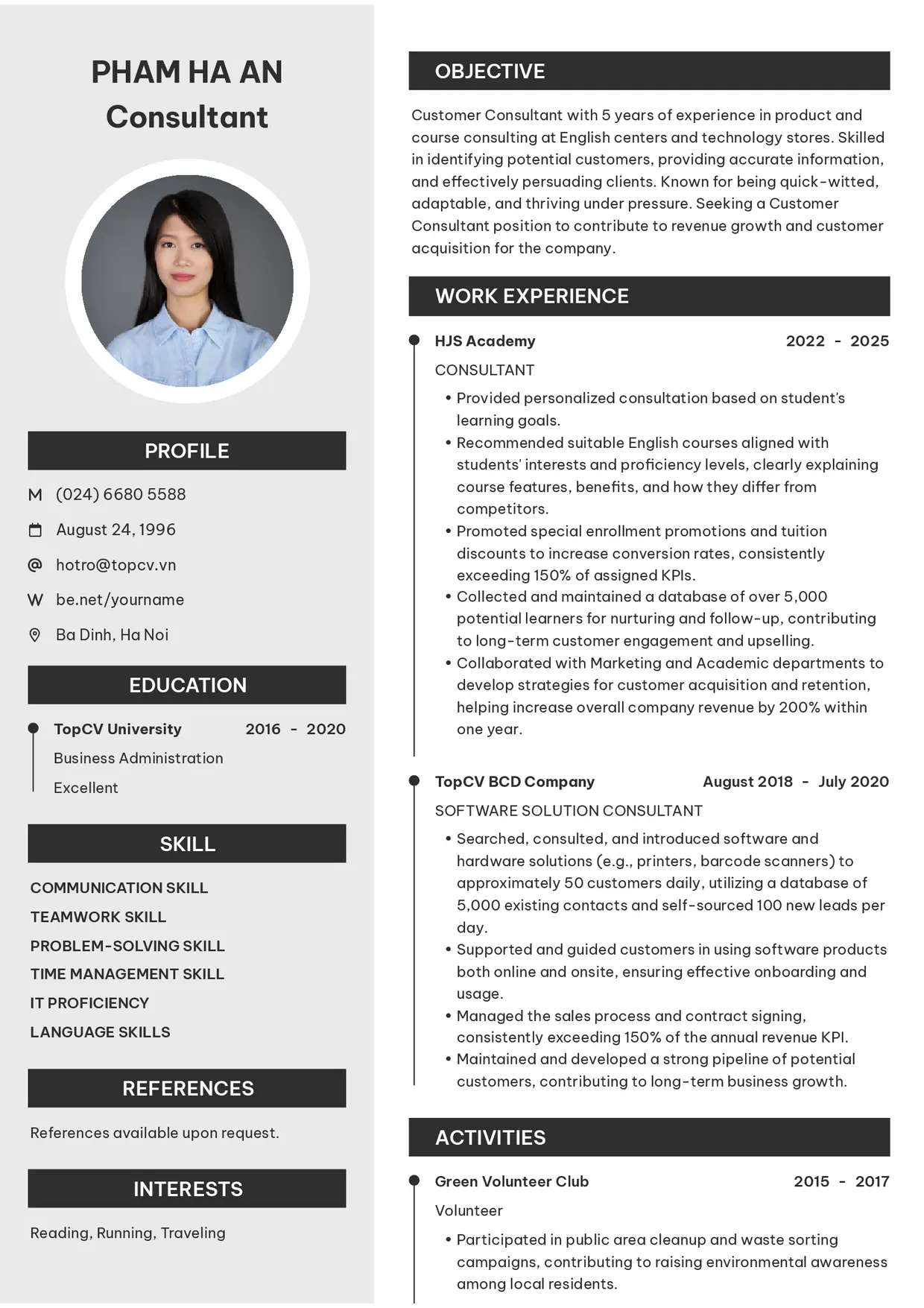 Mẫu CV xin việc Nhân viên tư vấn style Clarity