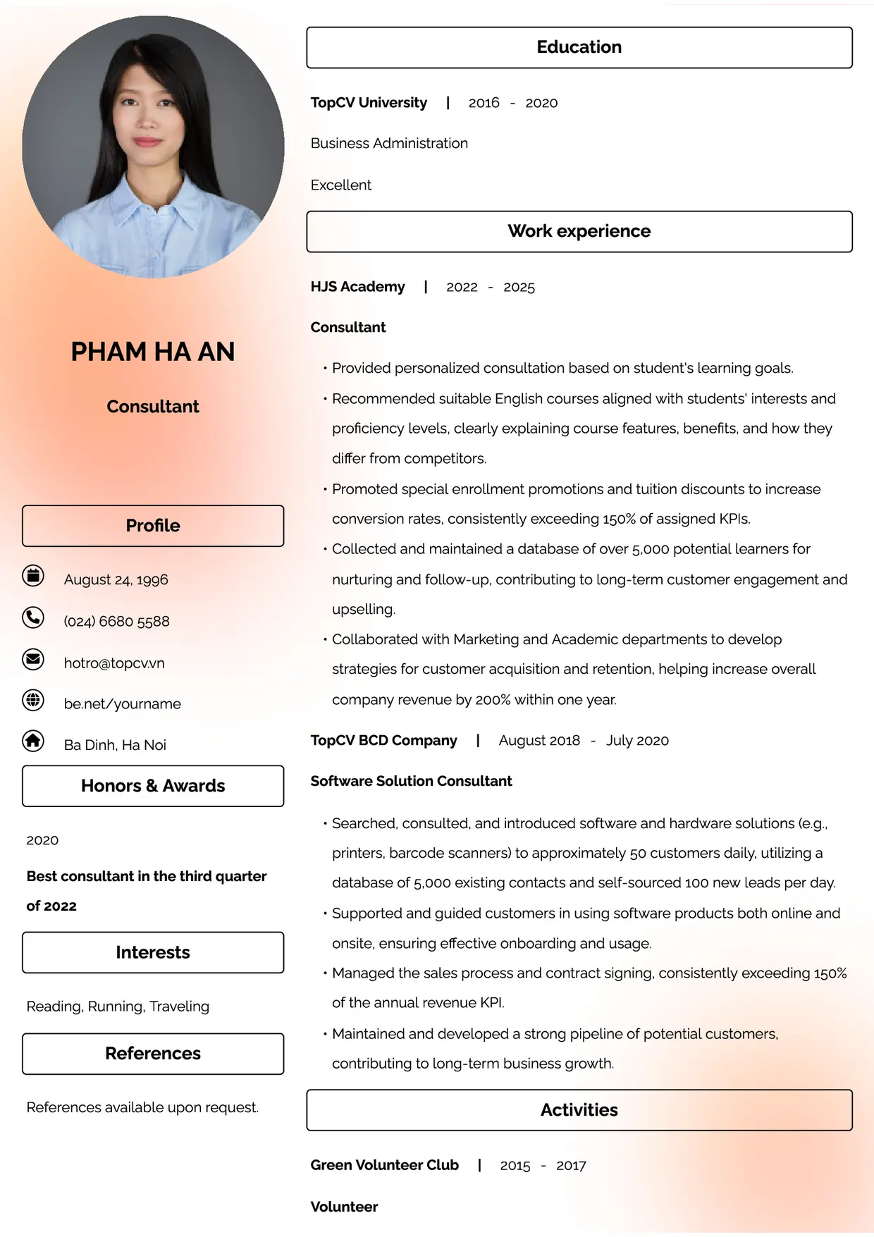 Mẫu CV xin việc Nhân viên tư vấn style Đam mê