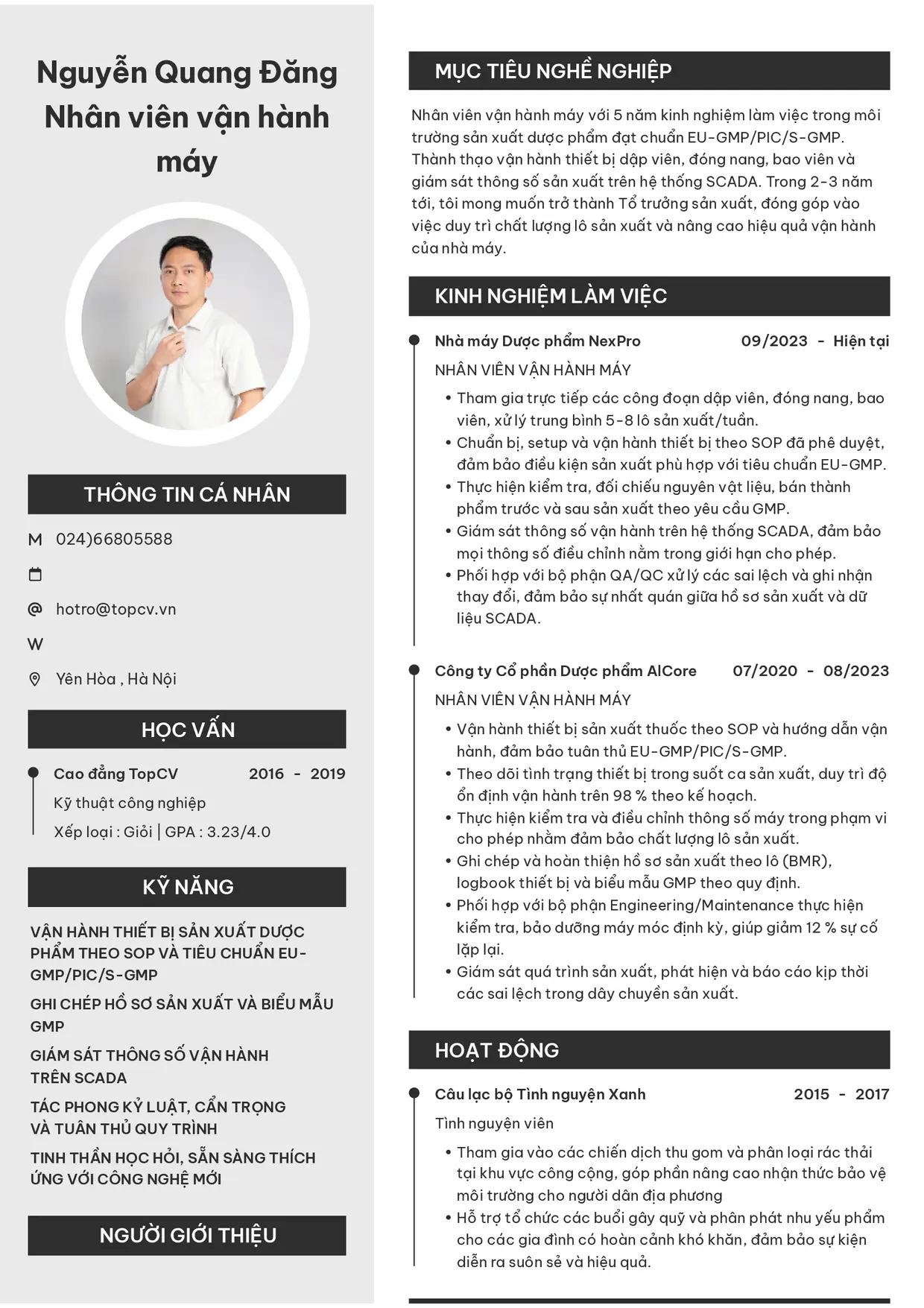 Mẫu CV xin việc Nhân viên vận hành máy style Clarity