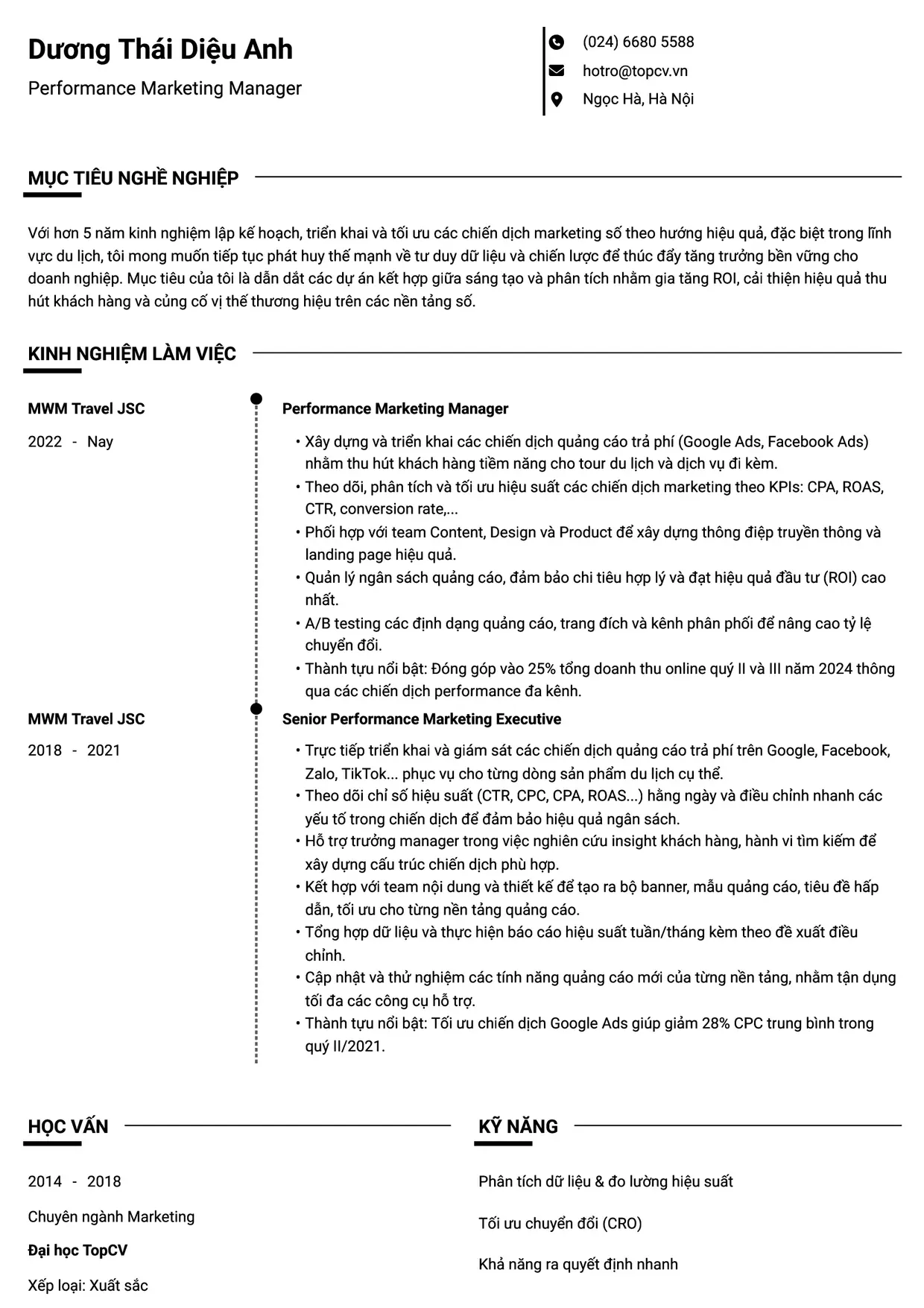 Mẫu CV xin việc Performance Marketing Manager style Chuyên gia