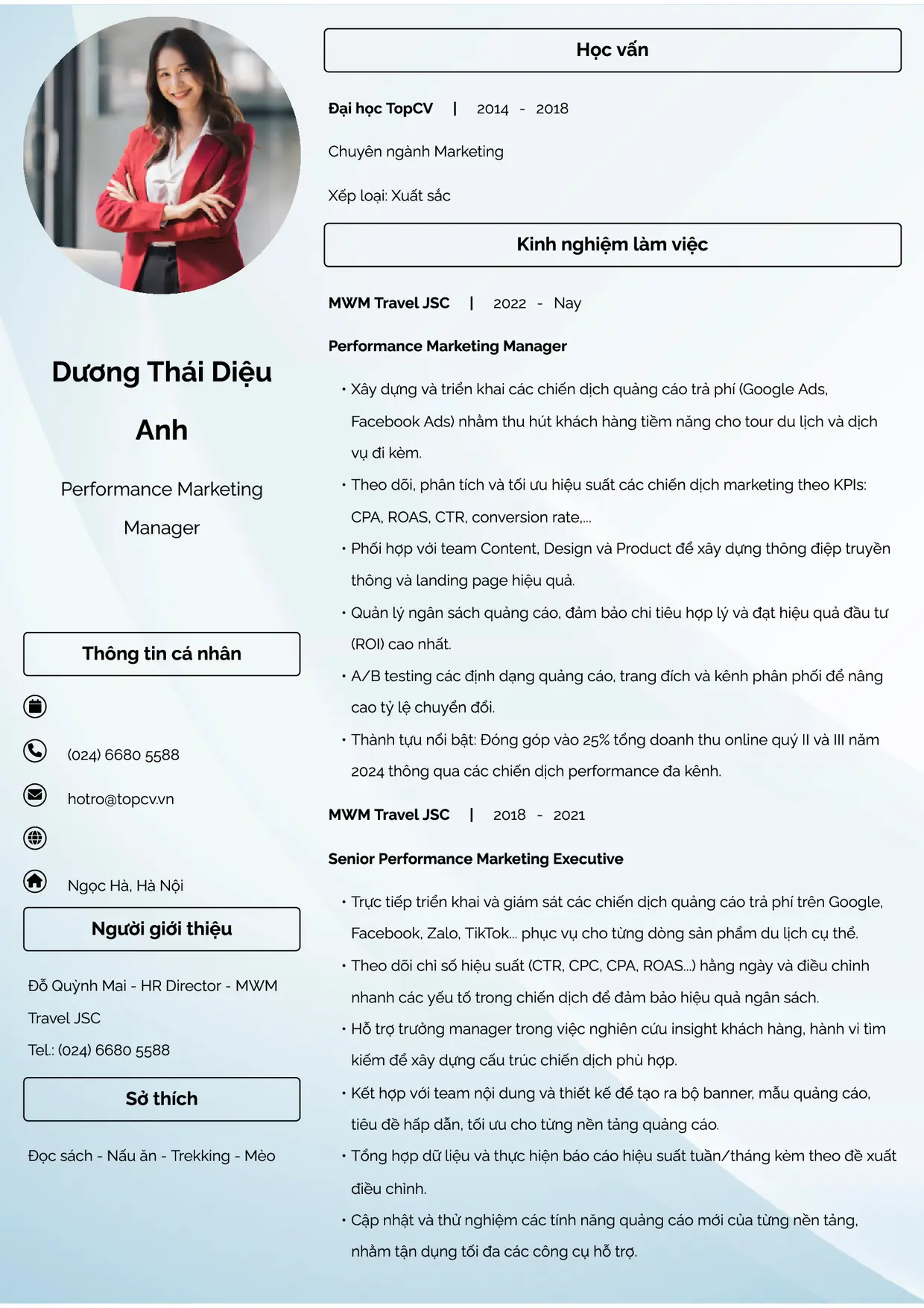 Mẫu CV xin việc Performance Marketing Manager style Đam mê