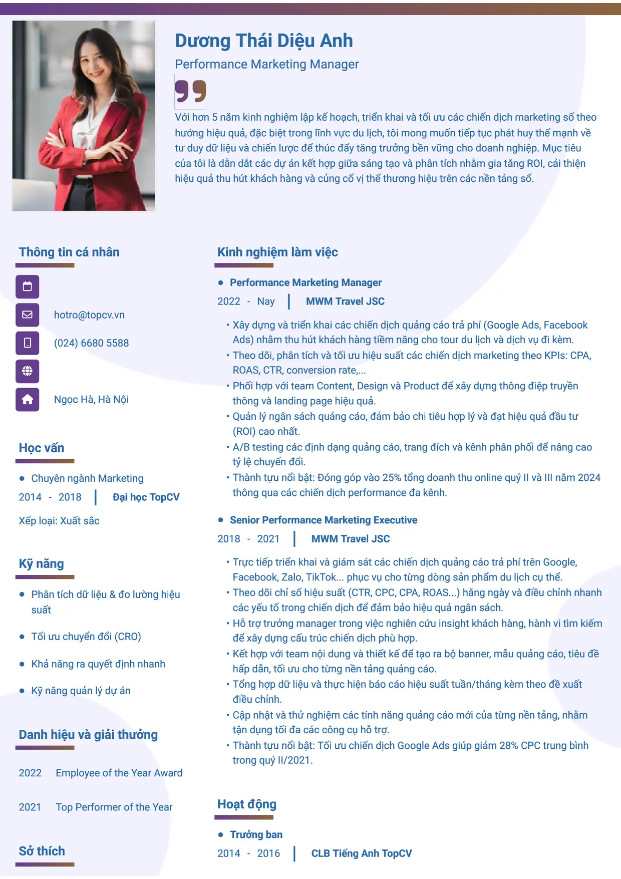 Mẫu CV xin việc Performance Marketing Manager style Gradient 1
