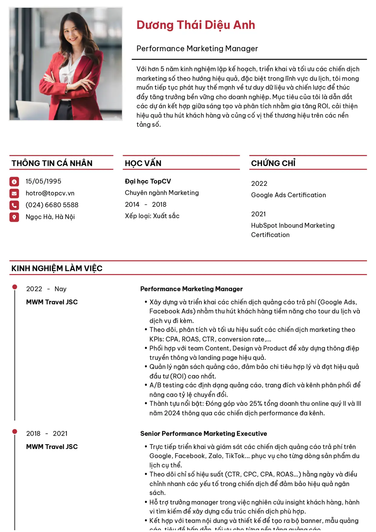 Mẫu CV xin việc Performance Marketing Manager style Thanh lịch