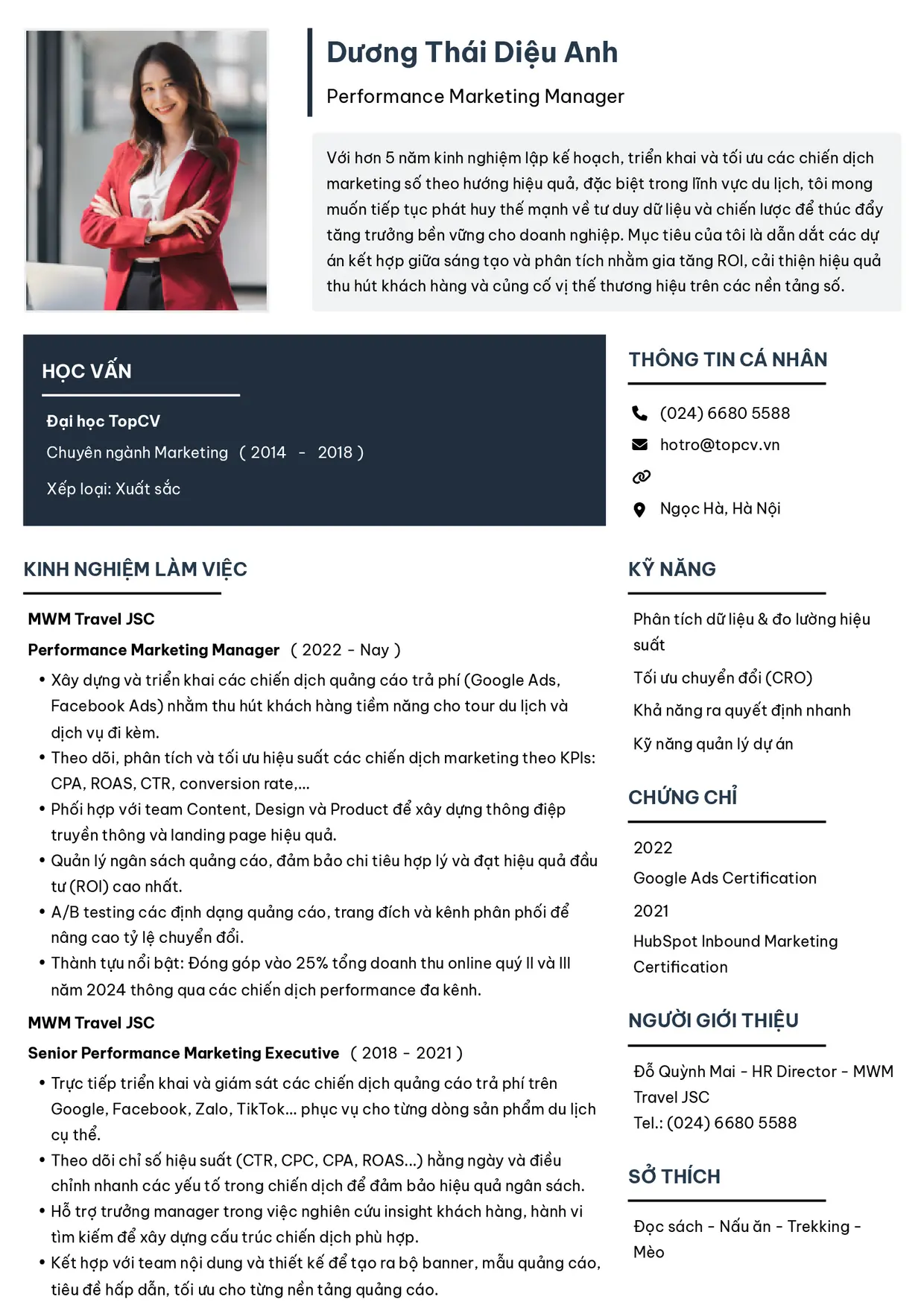 Mẫu CV xin việc Performance Marketing Manager style Tối giản 2