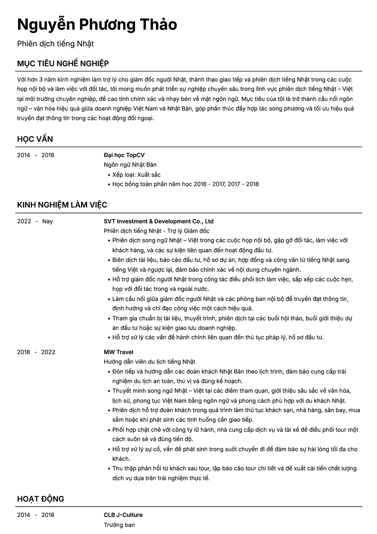 Mẫu CV xin việc Phiên dịch tiếng Nhật style Headhunt