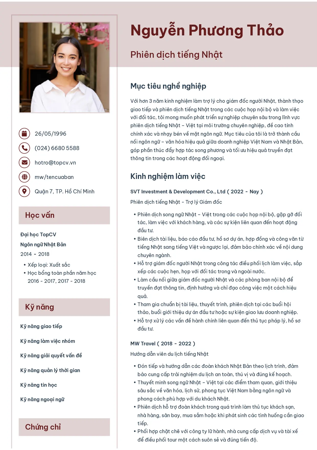 Mẫu CV xin việc Phiên dịch tiếng Nhật style Thanh nhã