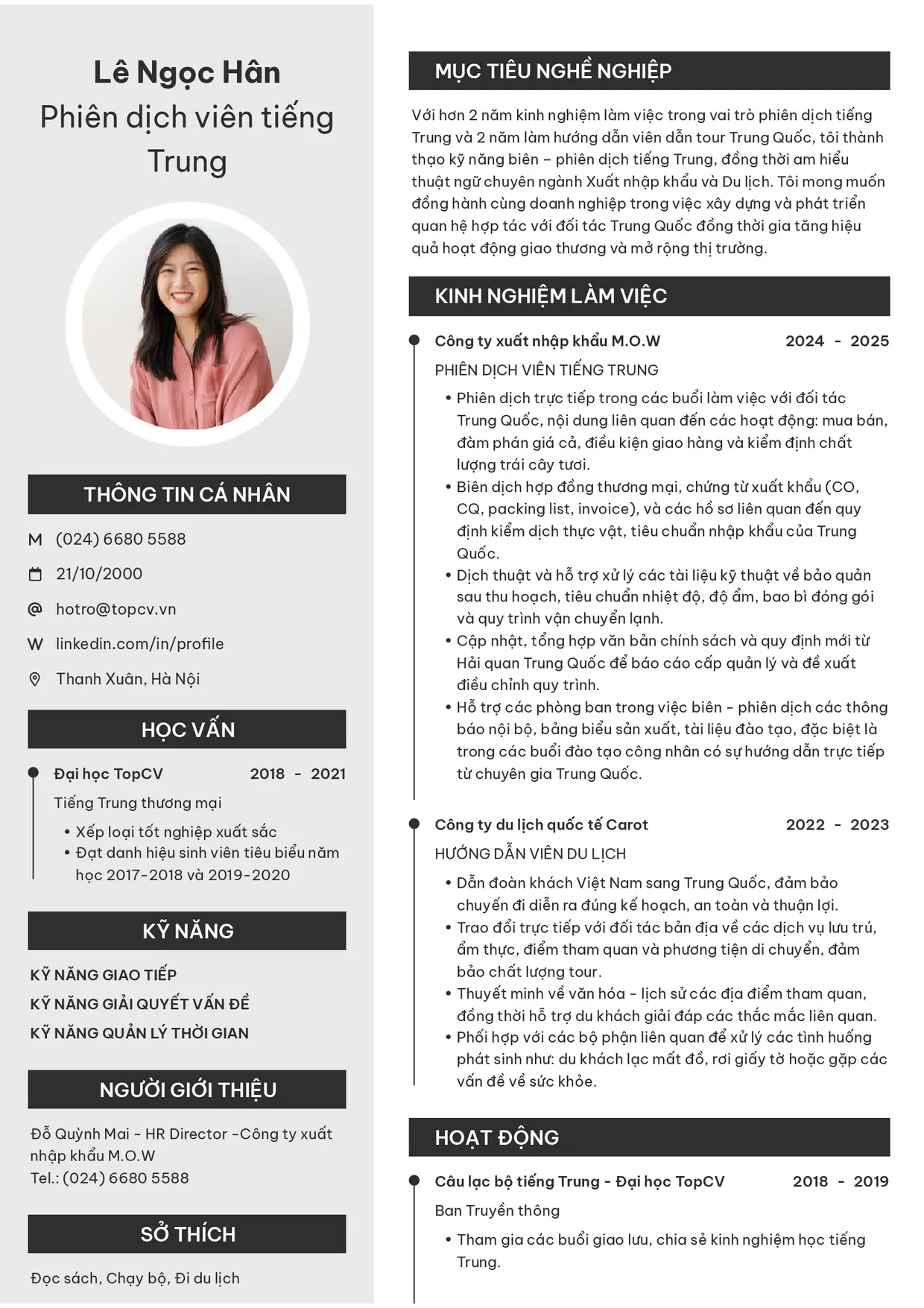 Mẫu CV xin việc Phiên dịch tiếng Trung style Clarity