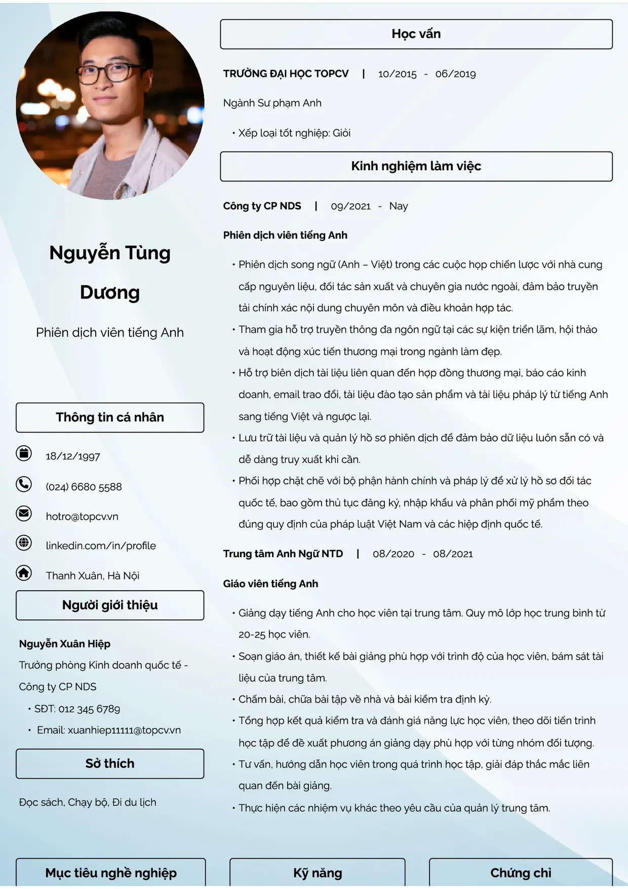 Mẫu CV xin việc Phiên dịch viên tiếng Anh style Đam mê