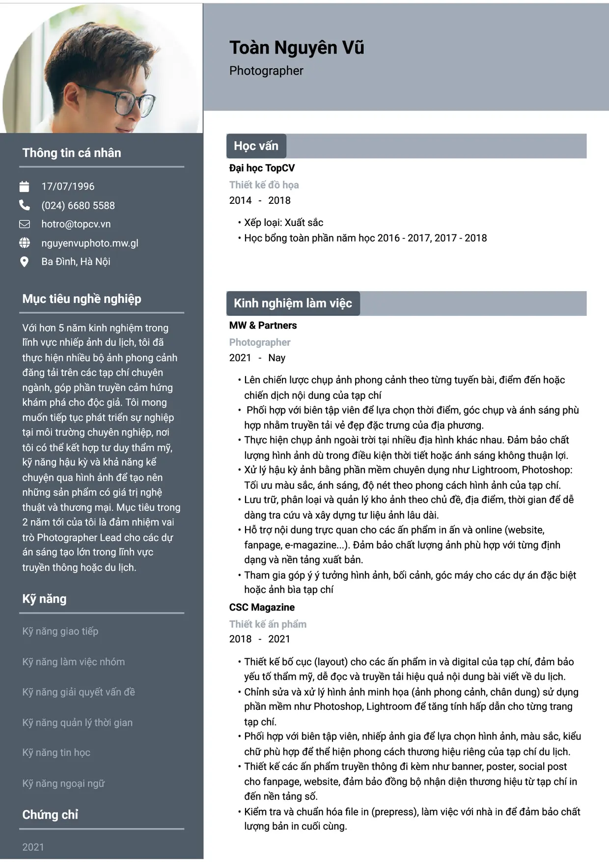 Mẫu CV xin việc Photographer style Basic 1