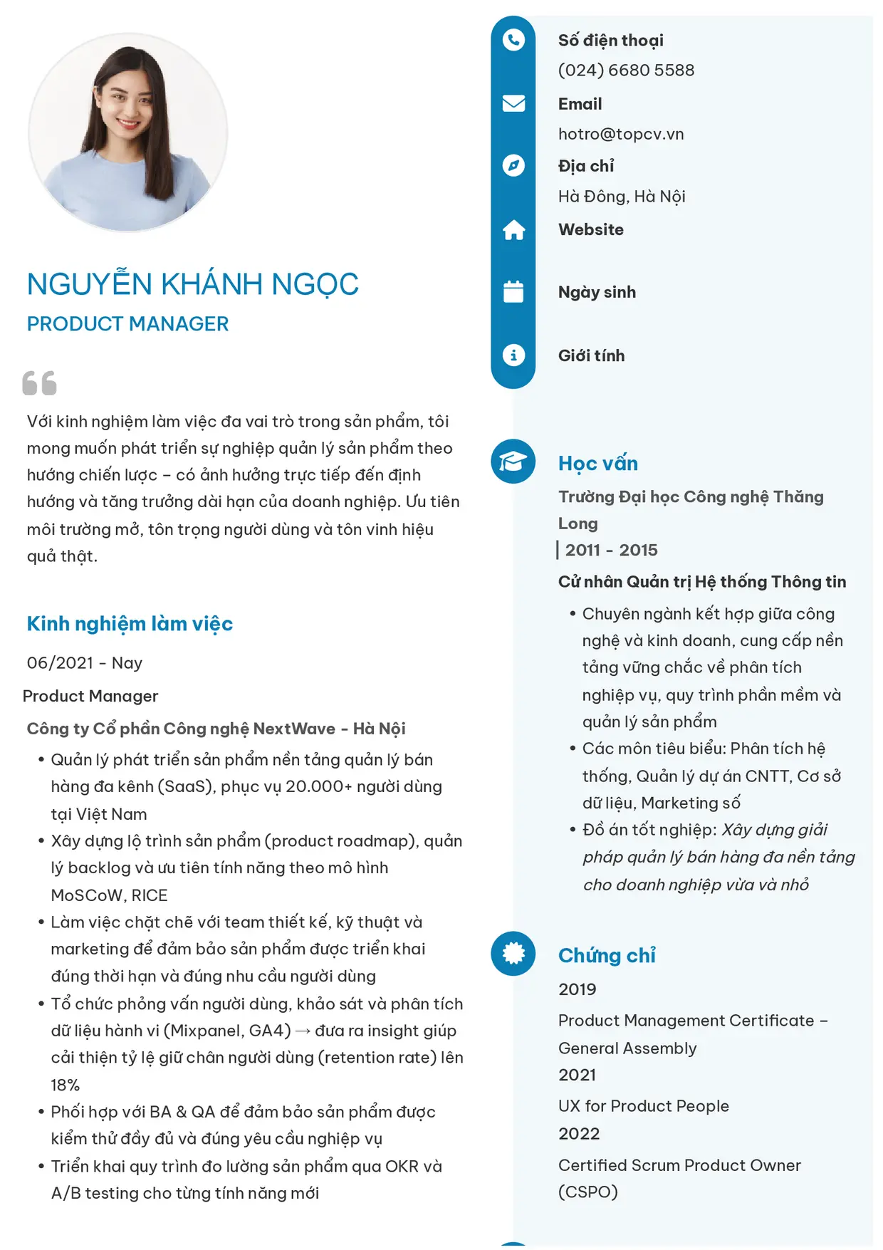 Mẫu CV xin việc Product Manager style Basic 4