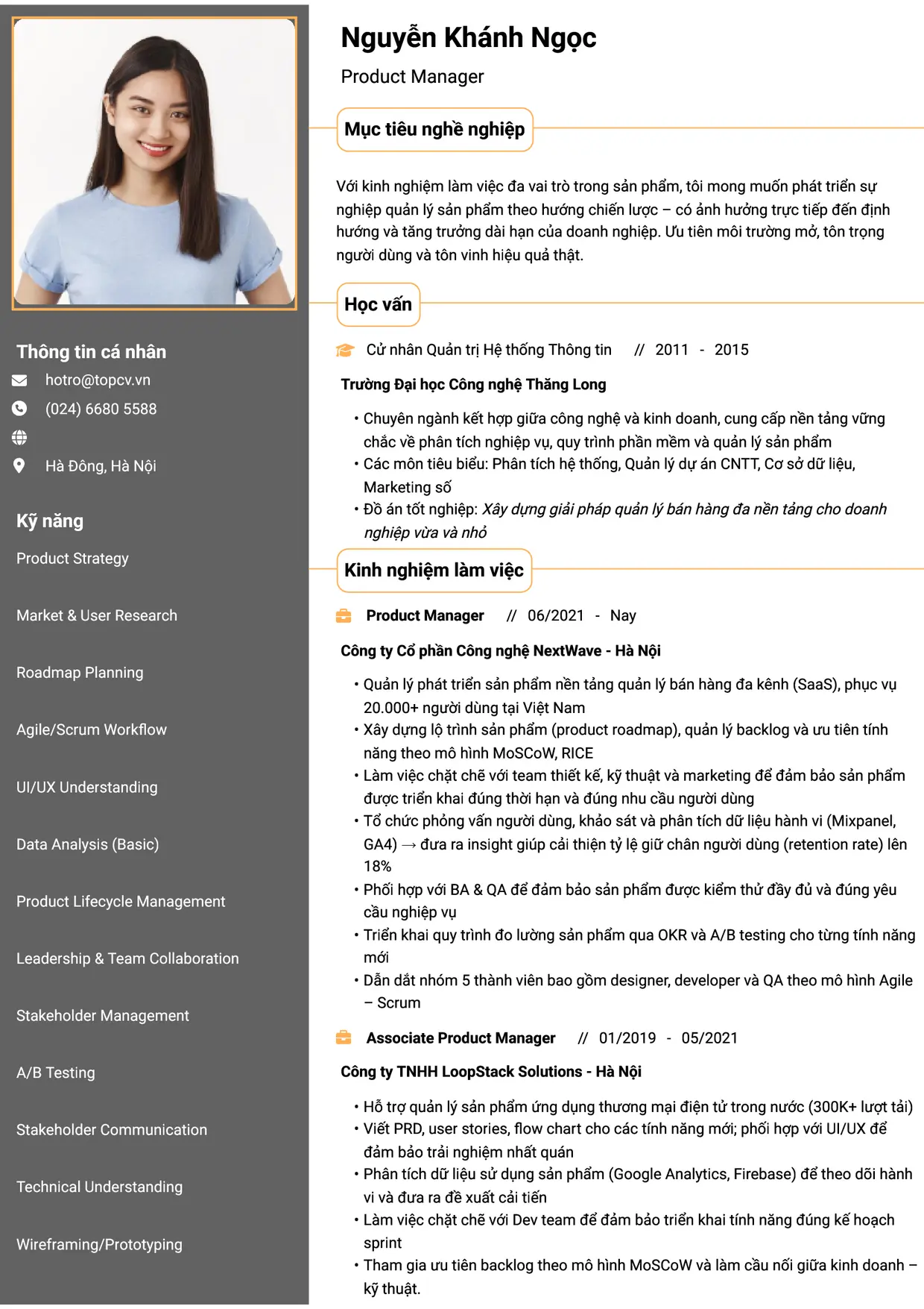 Mẫu CV xin việc Product Manager style Thành đạt