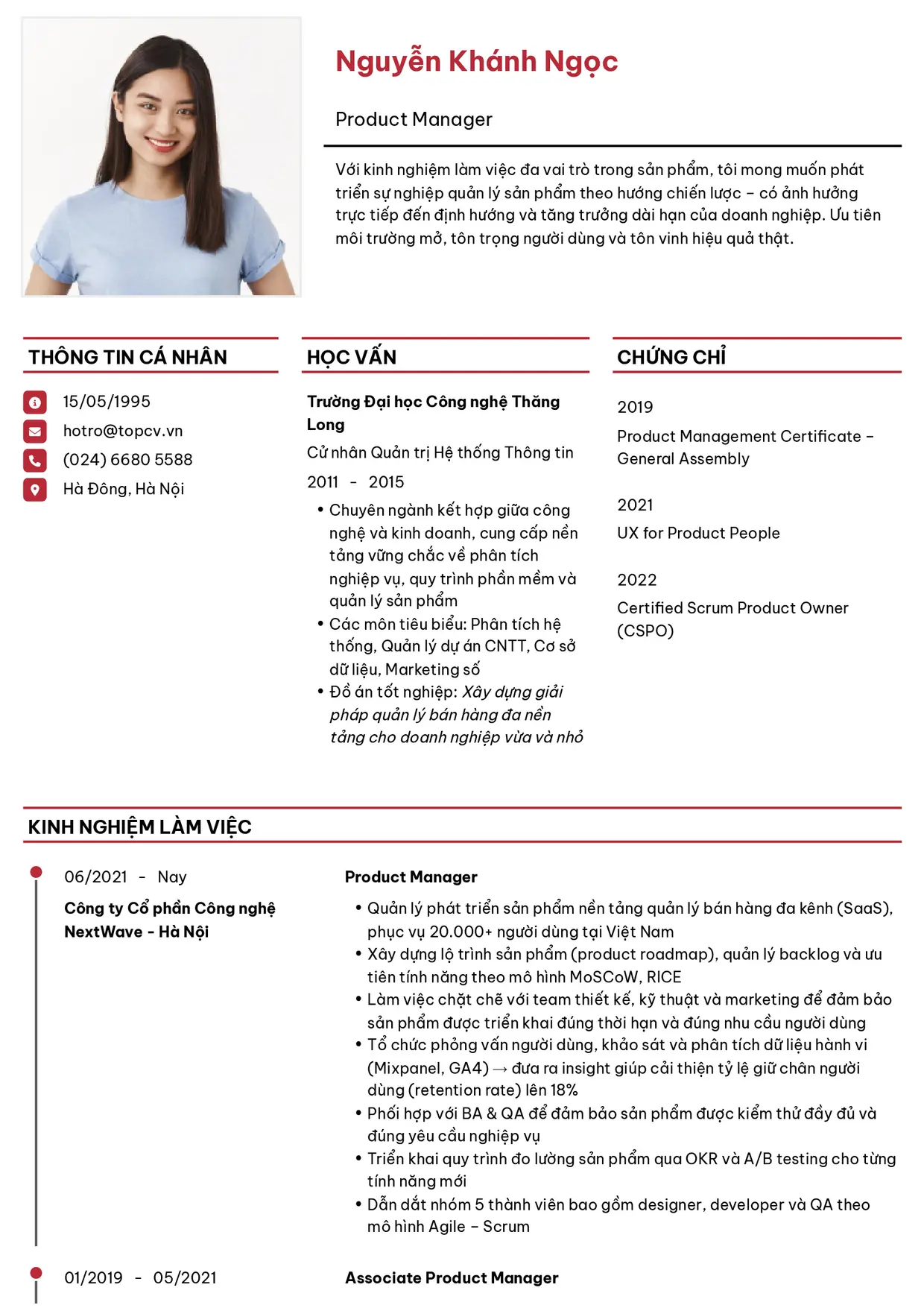 Mẫu CV xin việc Product Manager style Thanh lịch