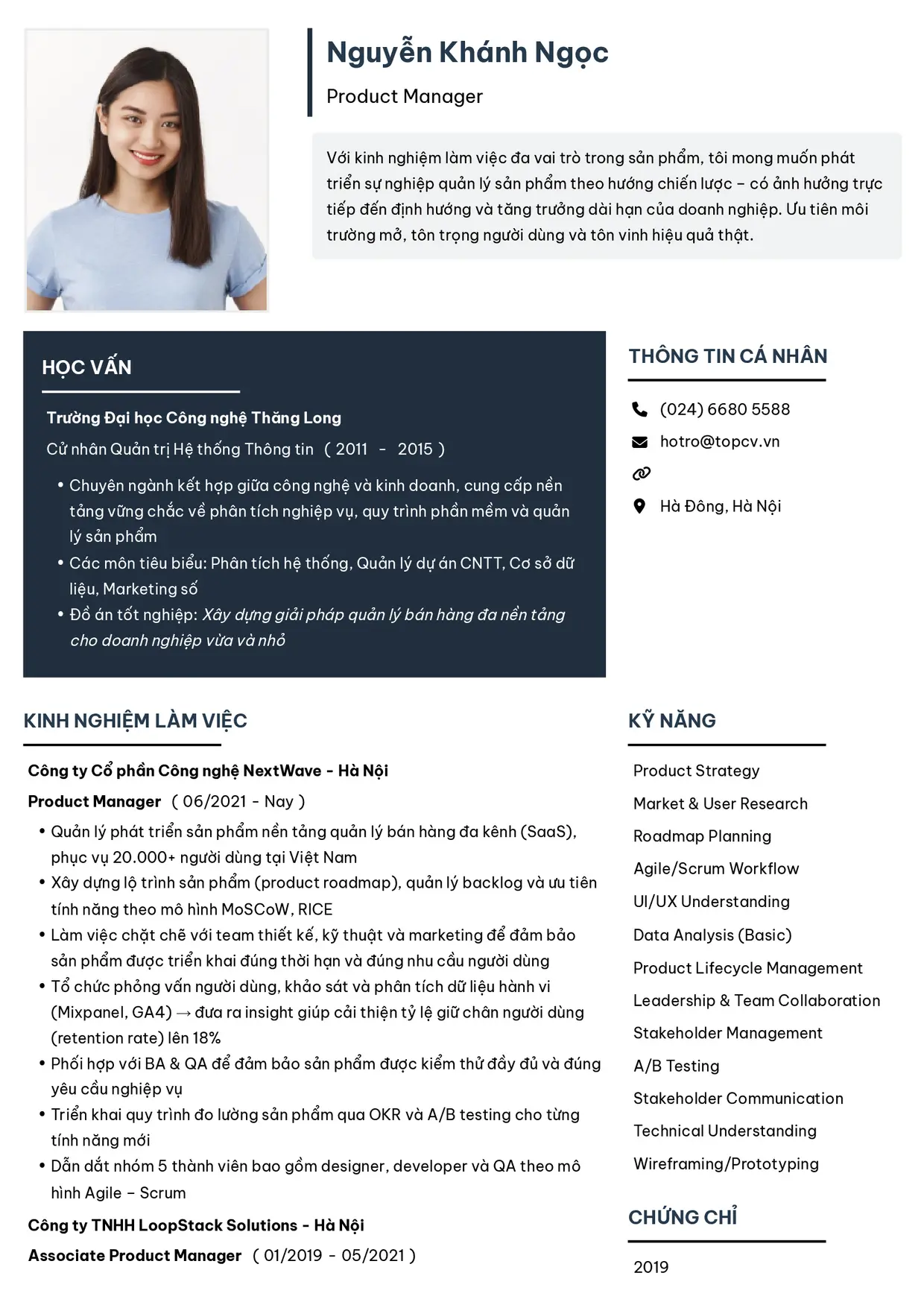 Mẫu CV xin việc Product Manager style Tối giản 2
