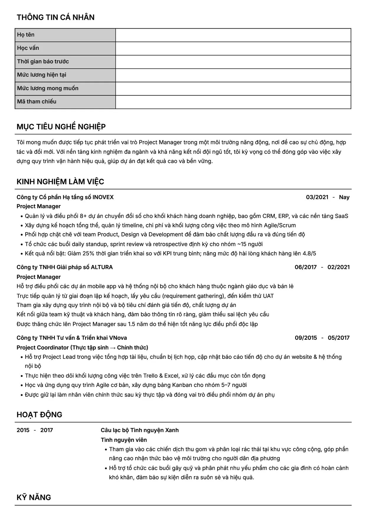 Mẫu CV xin việc Project Manager style Headhunt