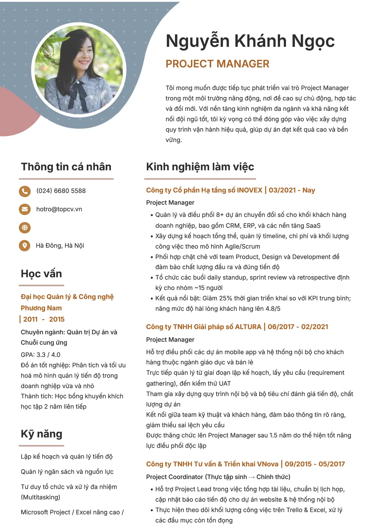 Mẫu CV xin việc Project Manager style Sáng tạo