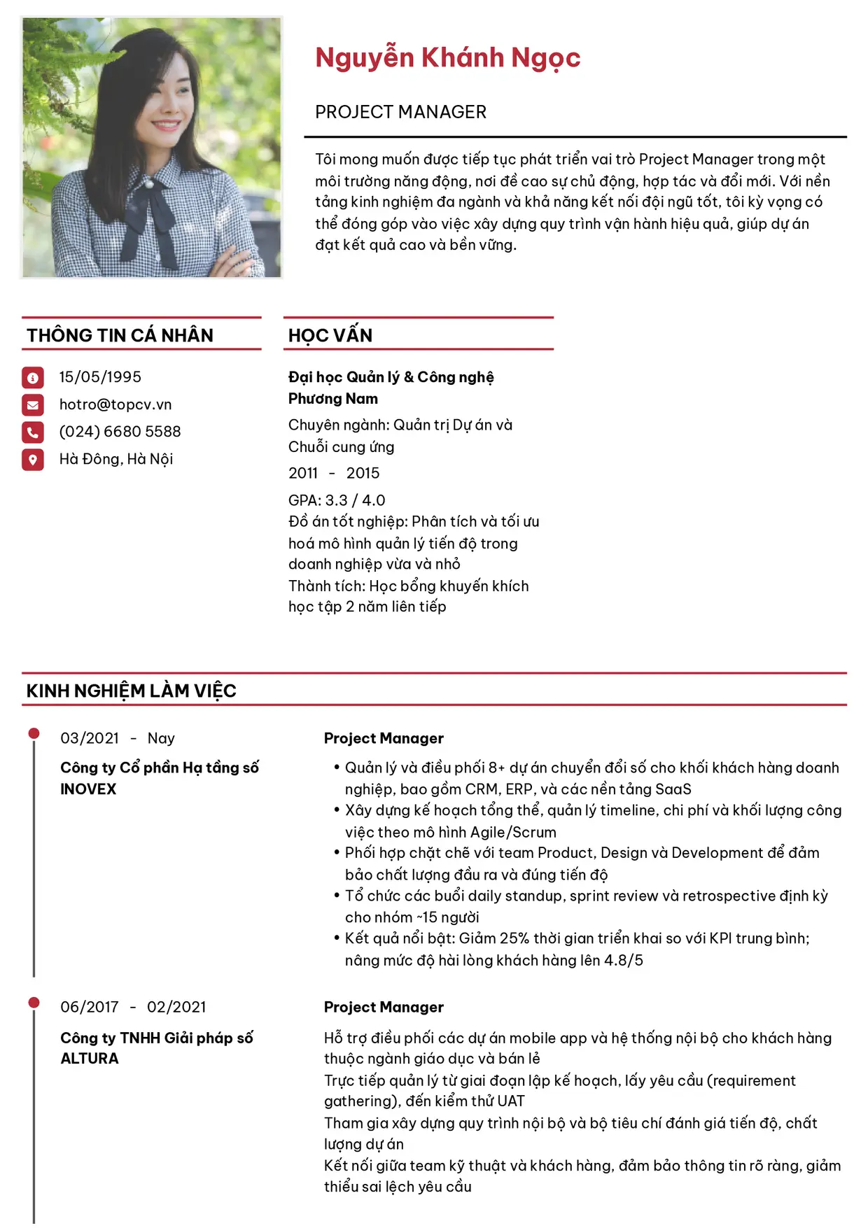 Mẫu CV xin việc Project Manager style Thanh lịch