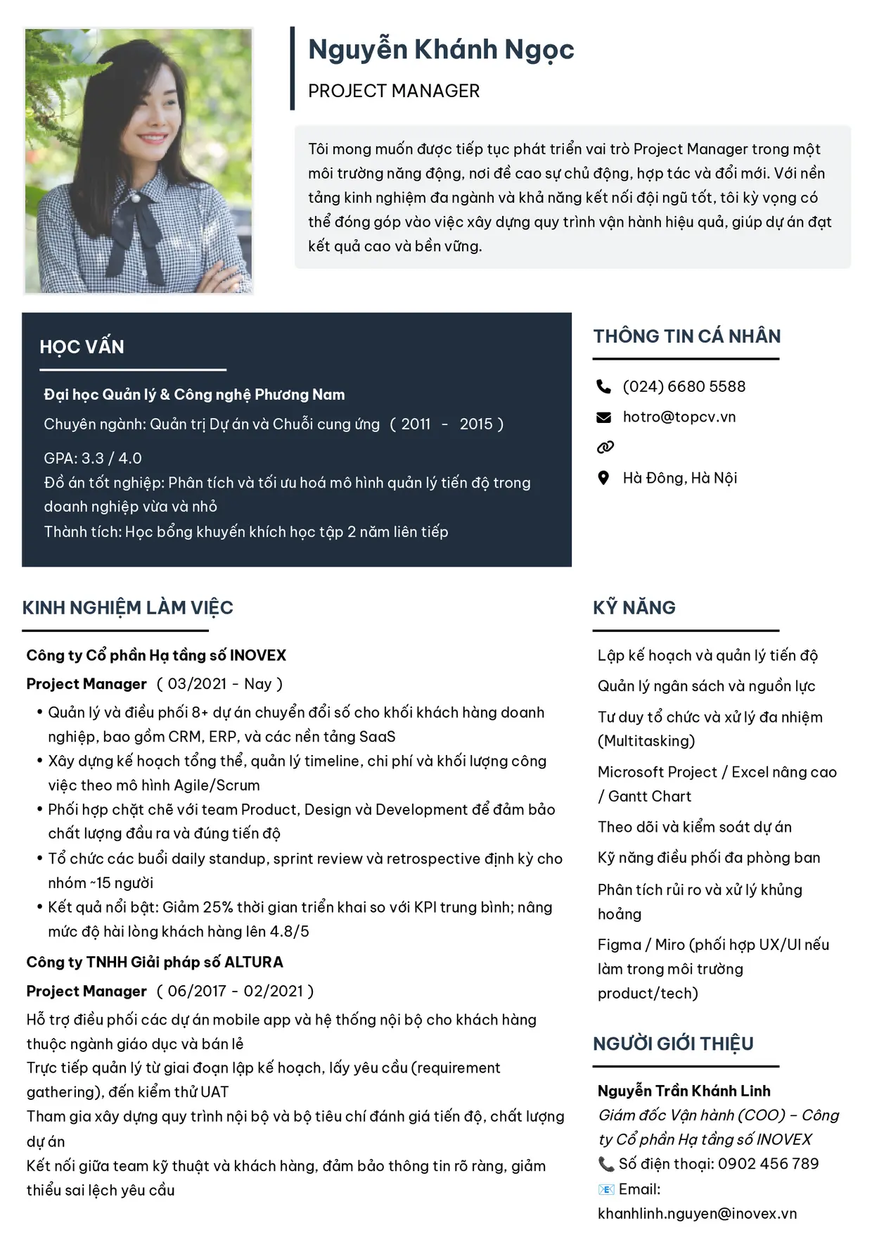 Mẫu CV xin việc Project Manager style Tối giản 2