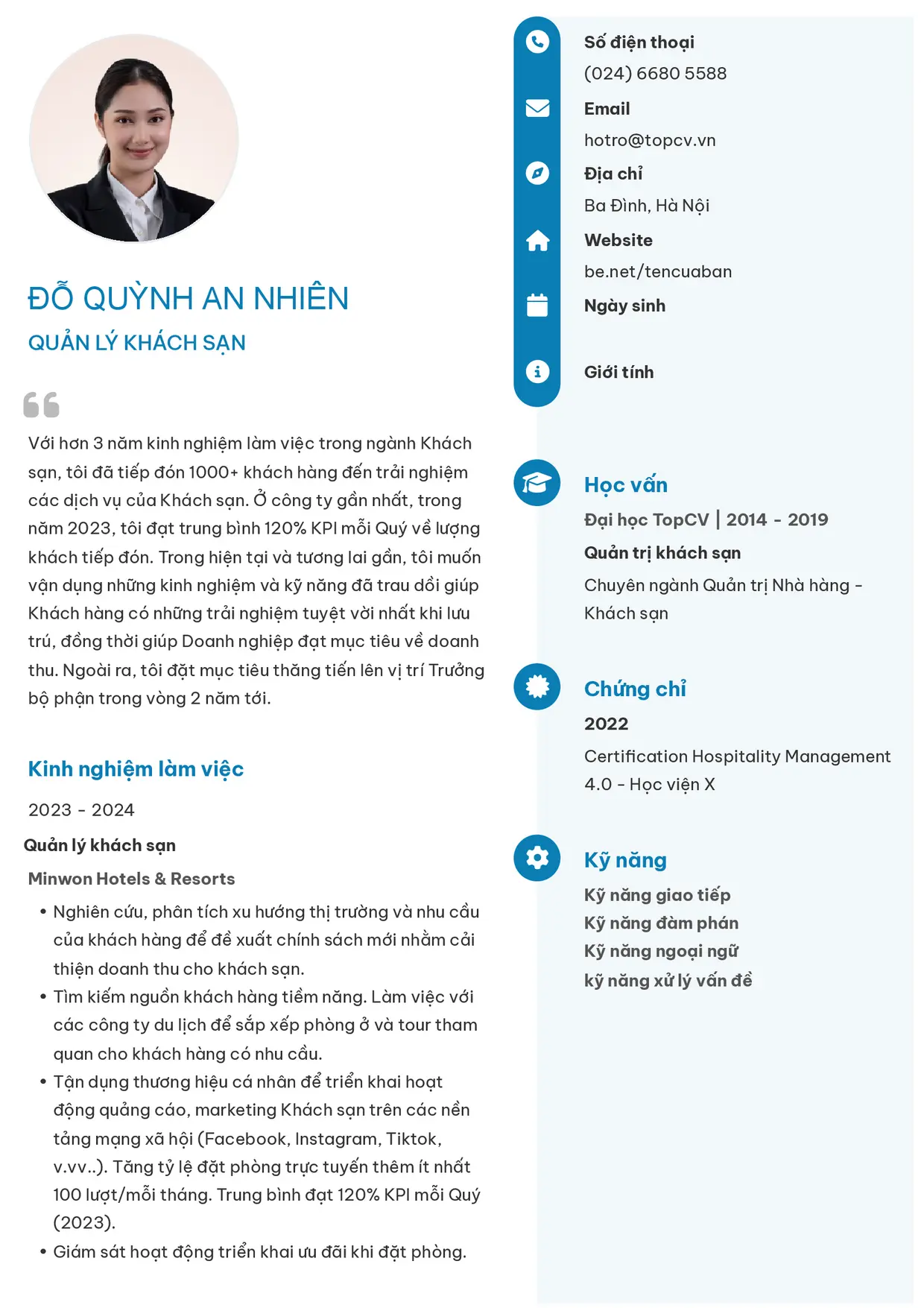 Mẫu CV Quản lý khách sạn style Basic 4