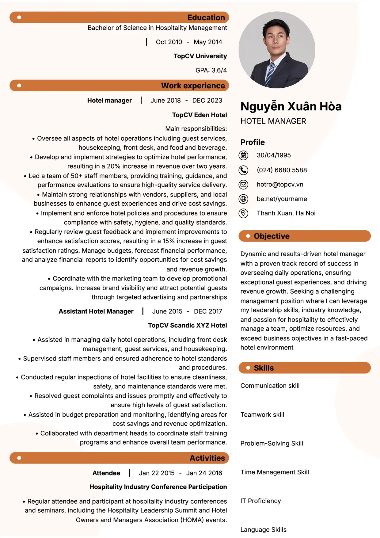 Mẫu CV xin việc Quản lý khách sạn style Basic 5