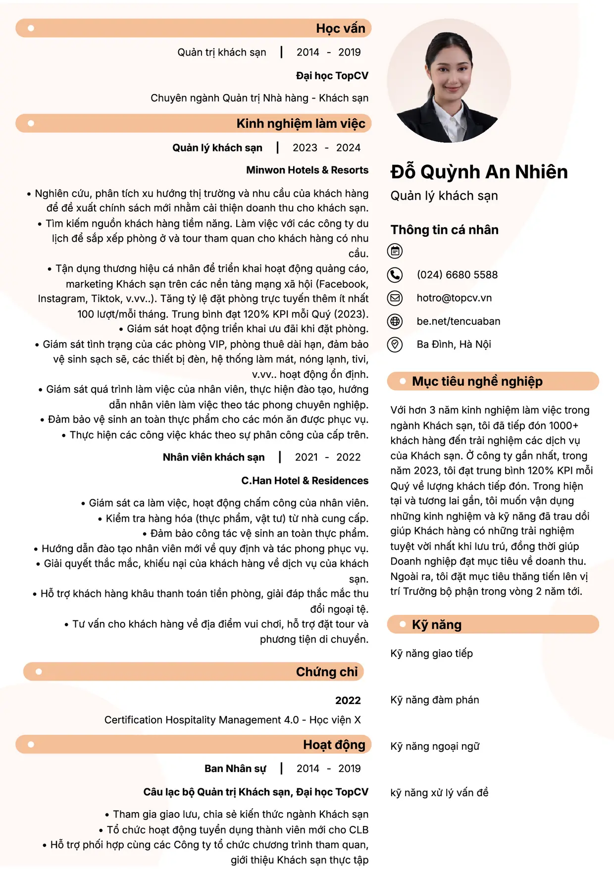 Mẫu CV Quản lý khách sạn style Basic 5