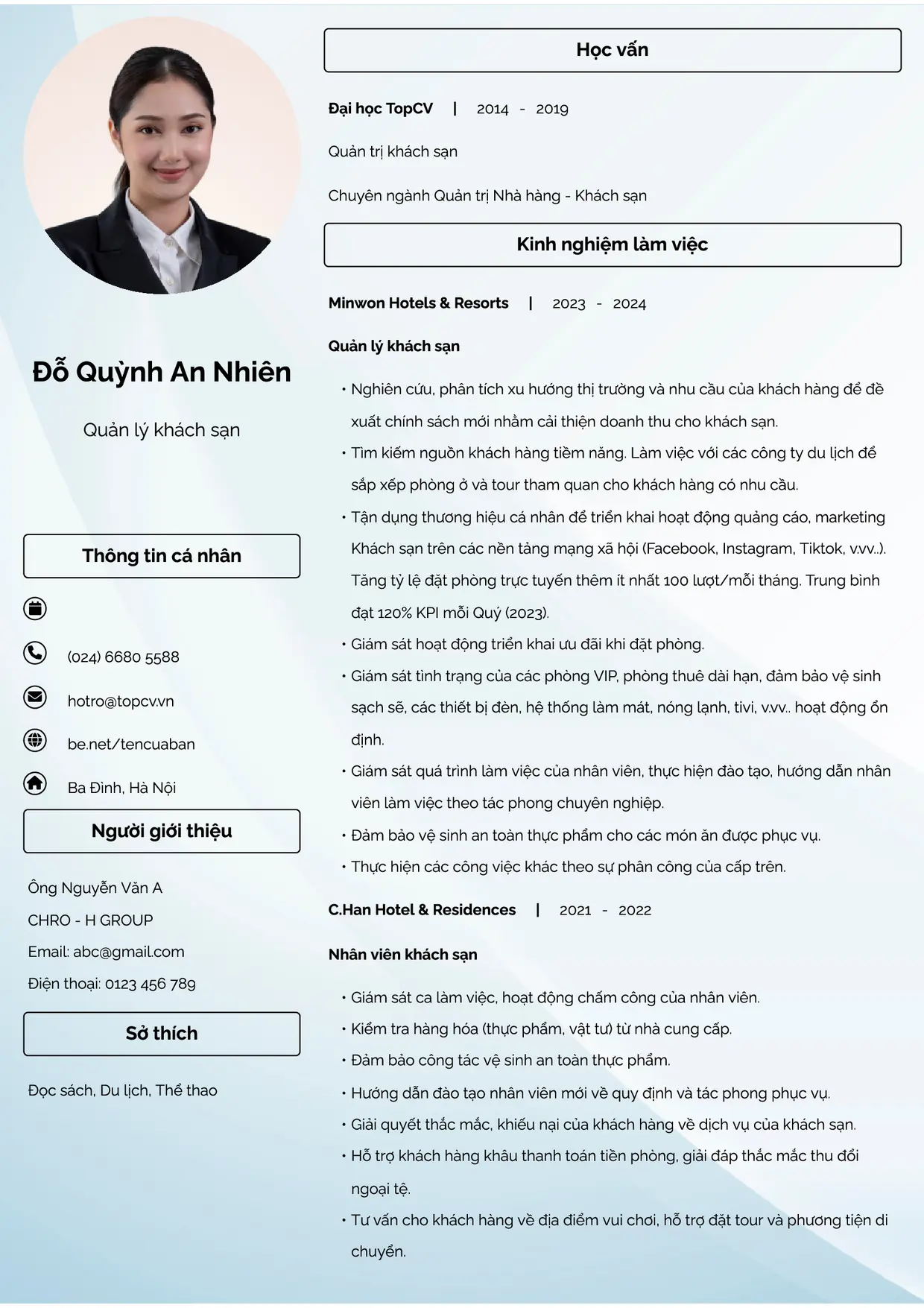 Mẫu CV Quản lý khách sạn style Đam mê
