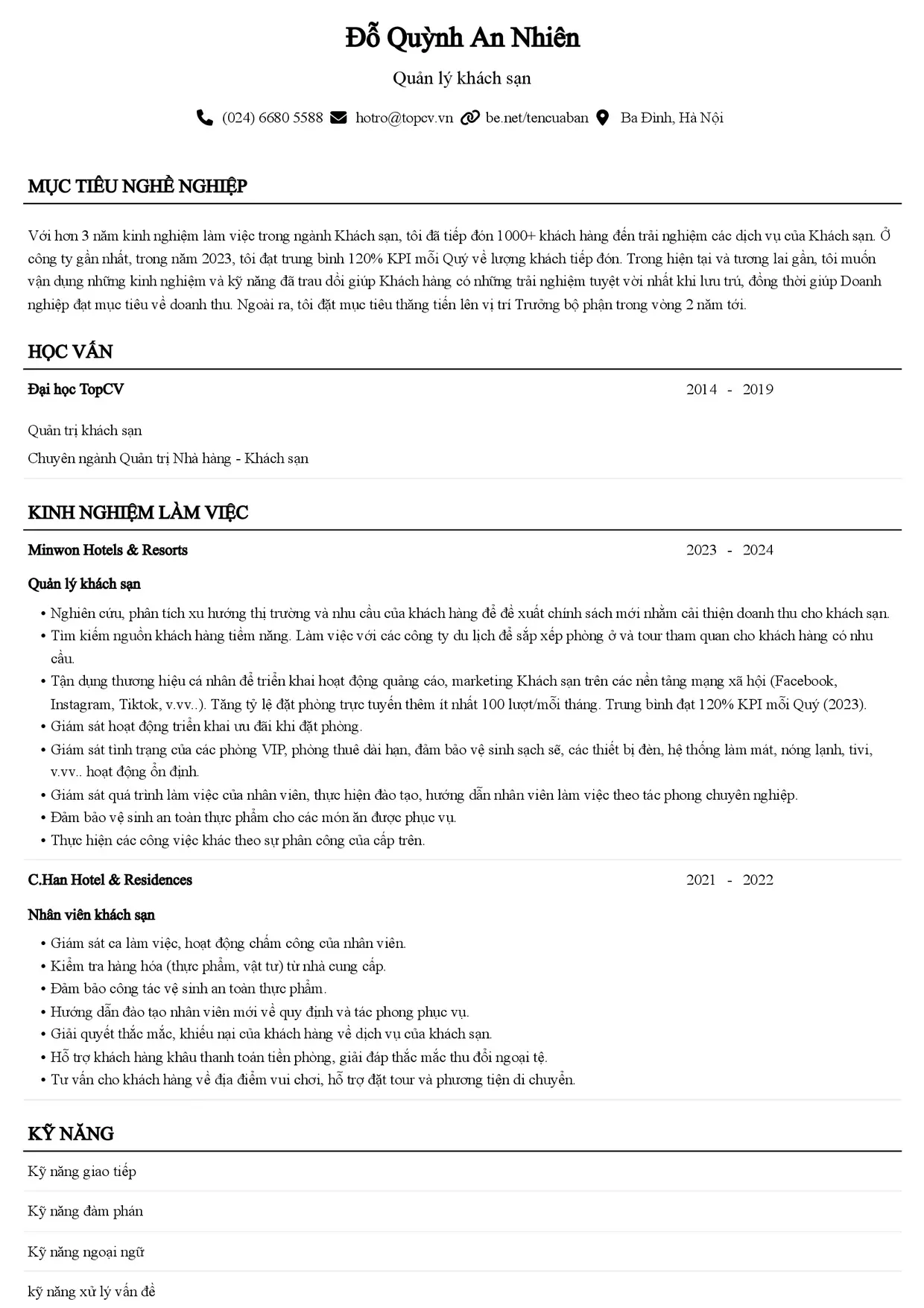 Mẫu CV Quản lý khách sạn style Senior