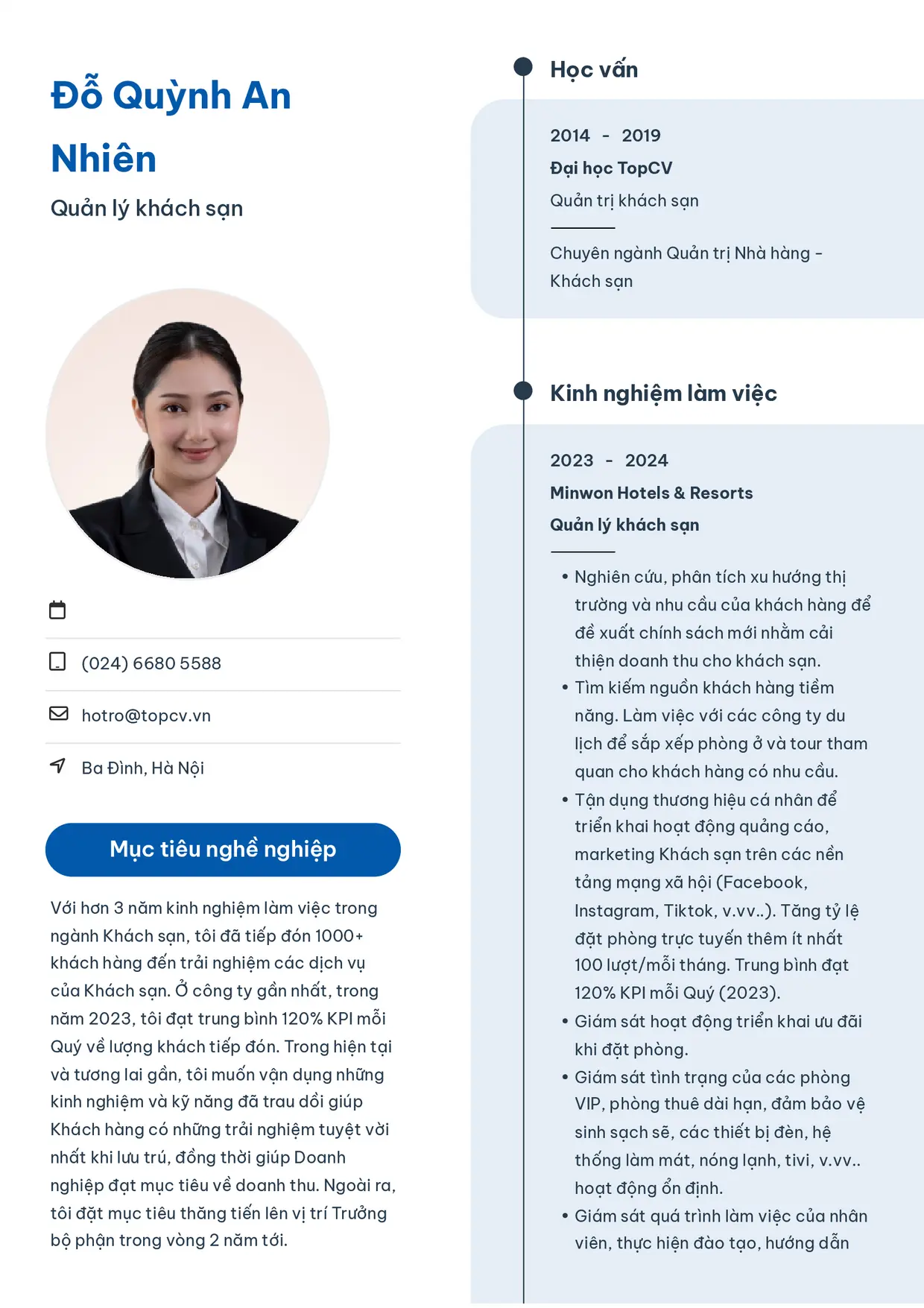 Mẫu CV Quản lý khách sạn style Sinh viên 3