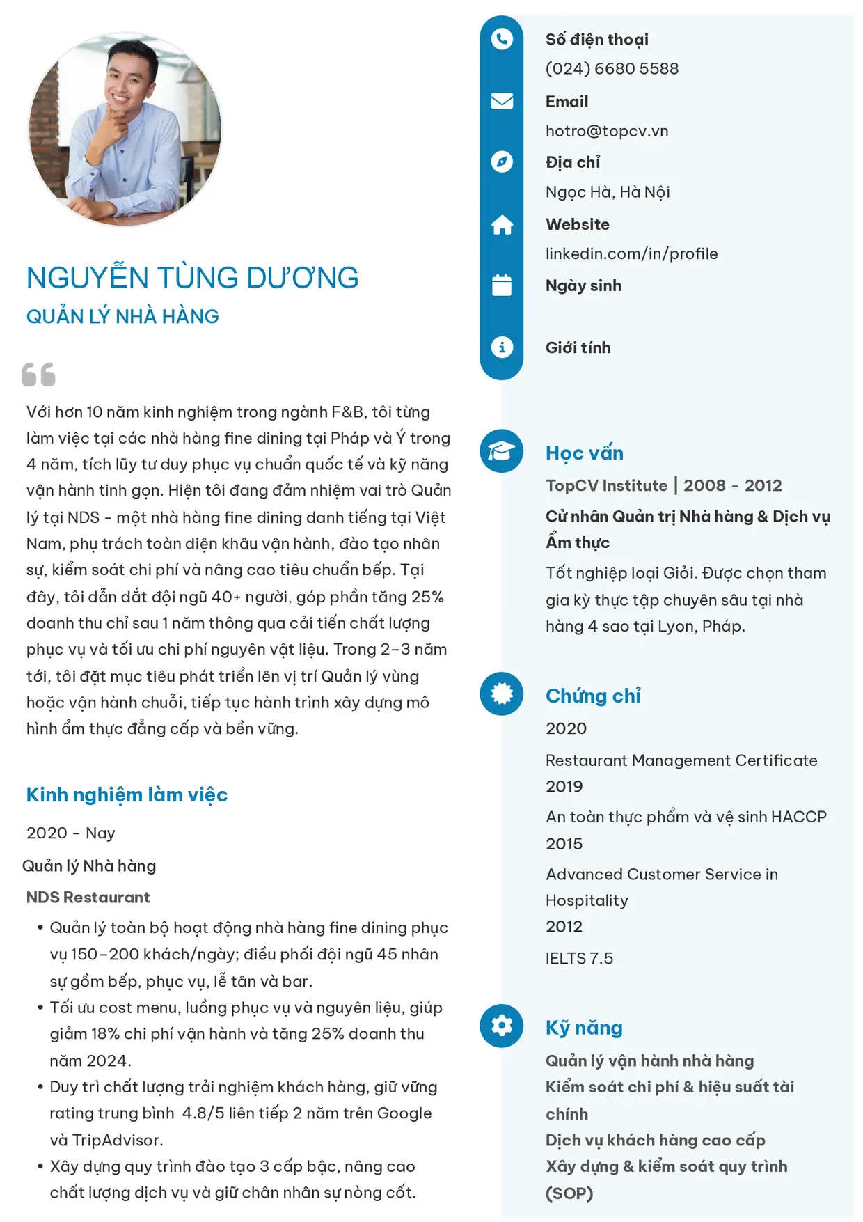 Mẫu CV xin việc Quản lý nhà hàng style Basic 4