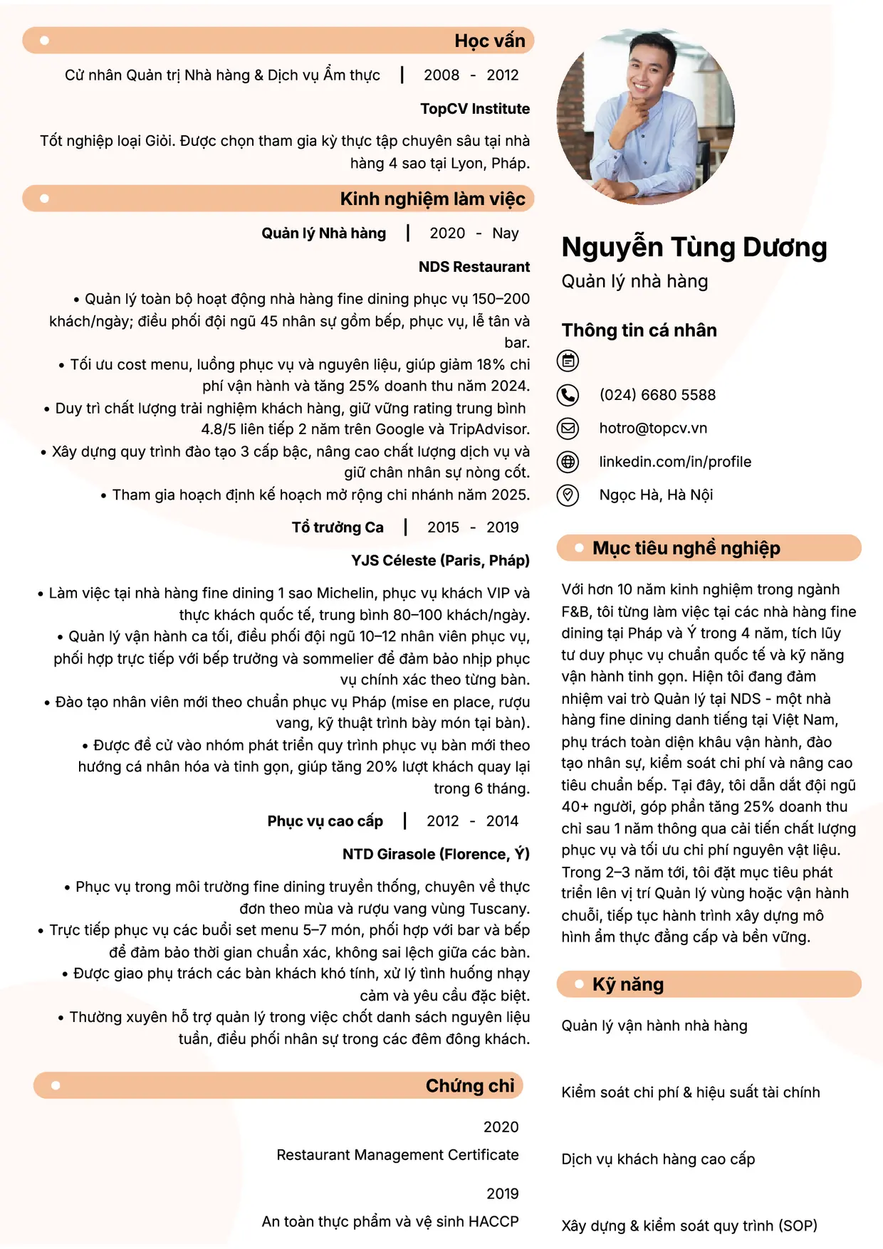 Mẫu CV xin việc Quản lý nhà hàng style Basic 5