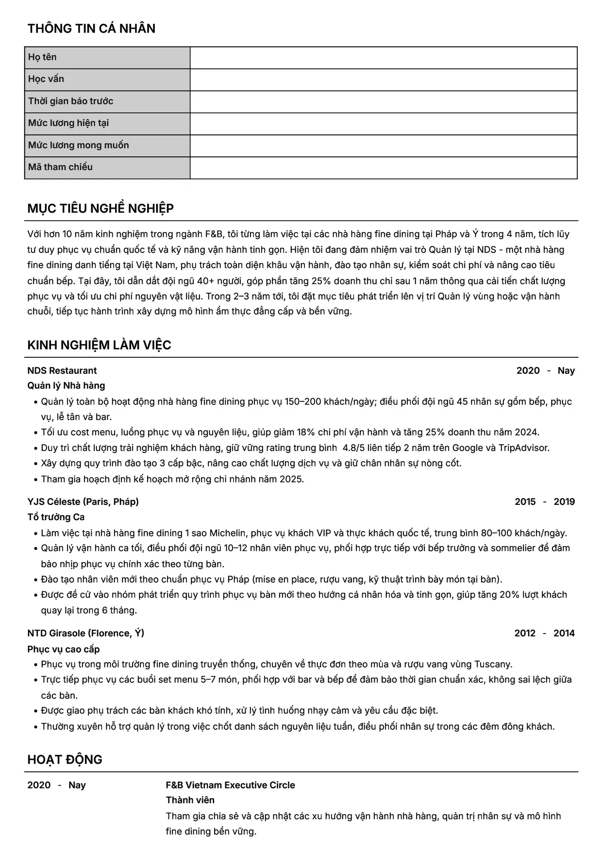 Mẫu CV xin việc Quản lý nhà hàng style Headhunt