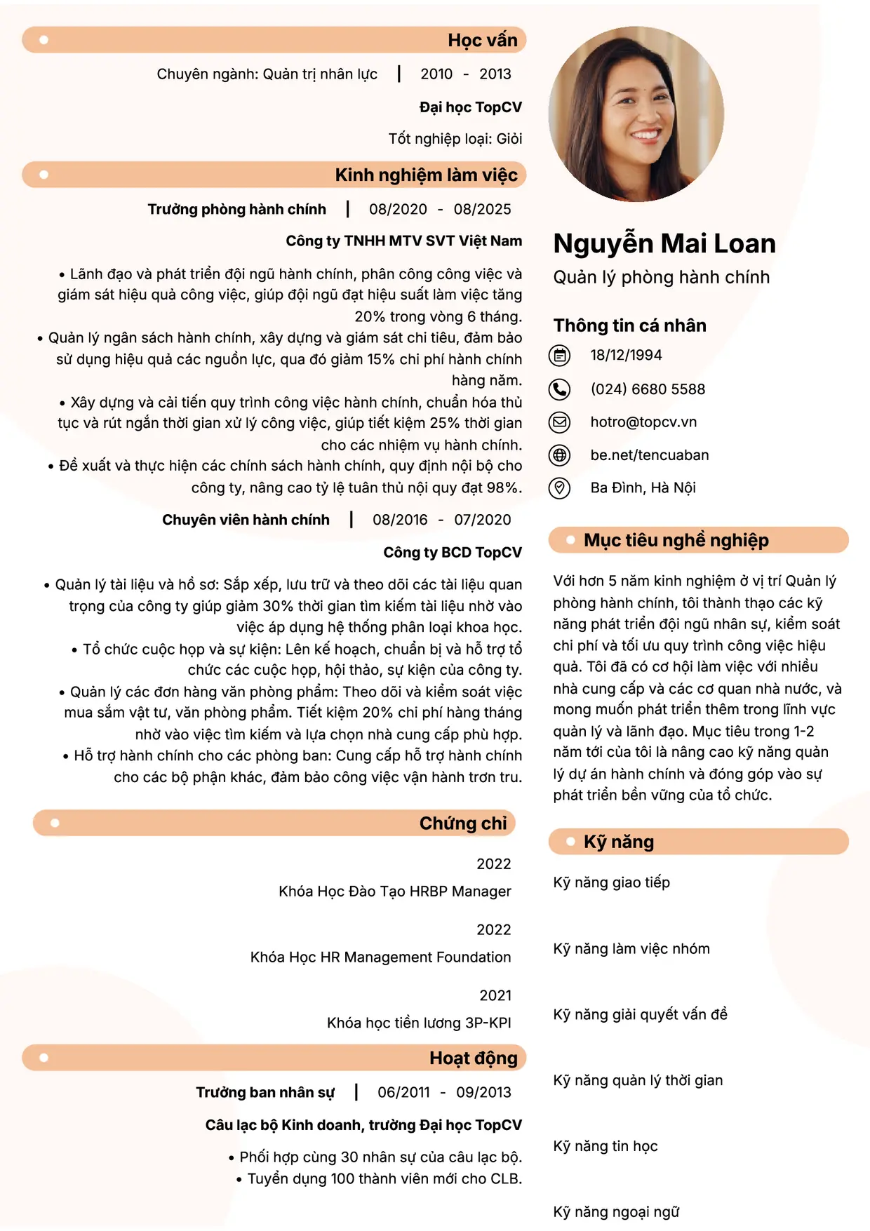 Mẫu CV xin việc Quản lý phòng hành chính style Basic 5