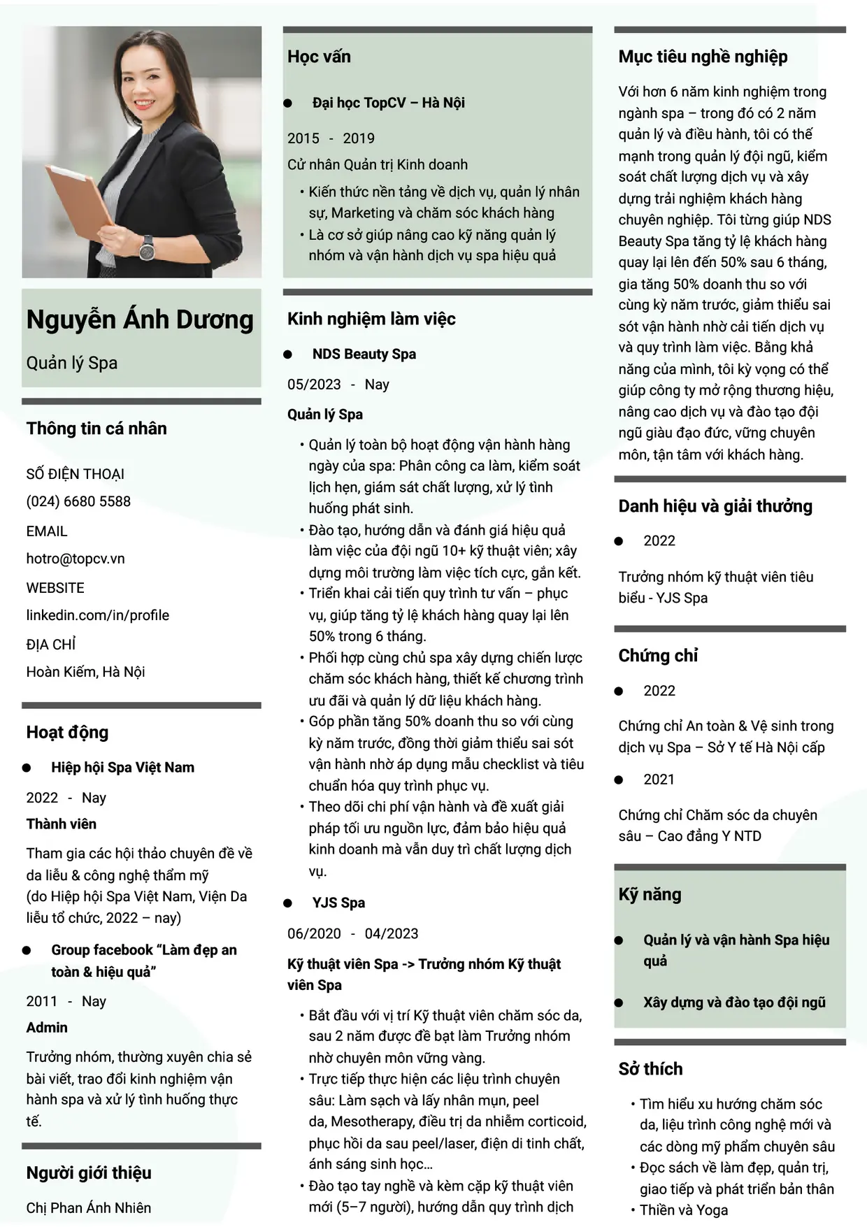 Mẫu CV Quản lý Spa style Thời đại