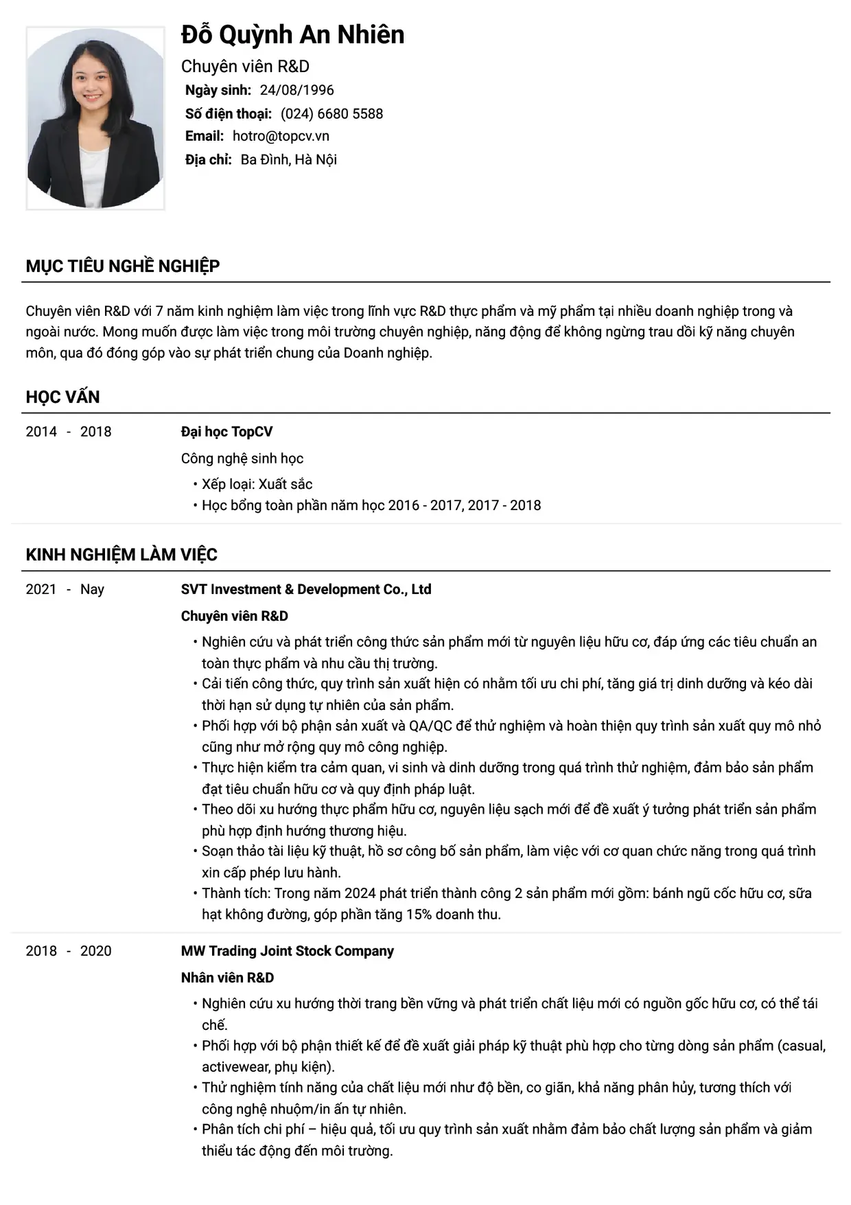 Mẫu CV R&D style Tiêu chuẩn