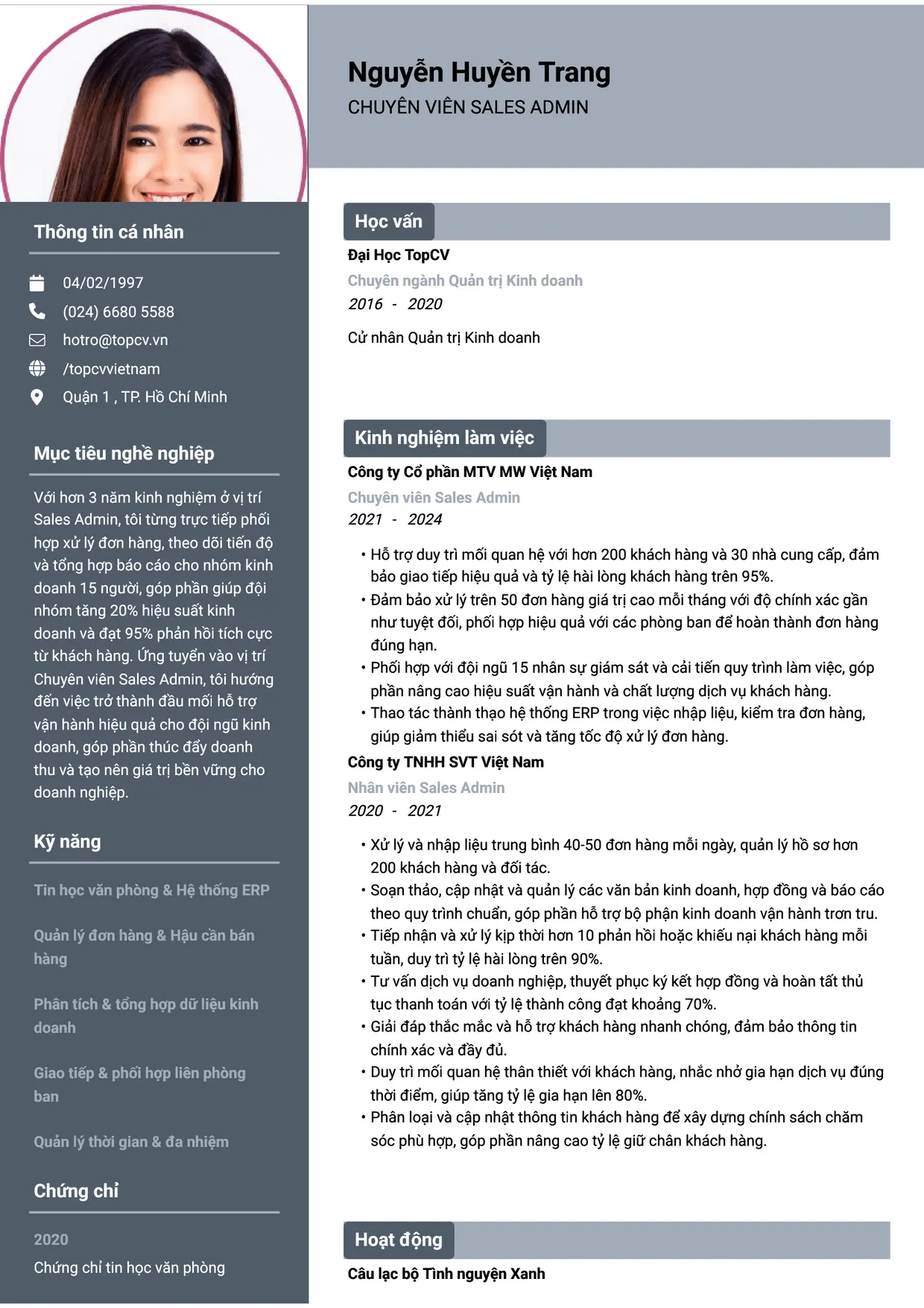 Mẫu CV xin việc Sales Admin/Sales Support/Sales Associate style Basic 1