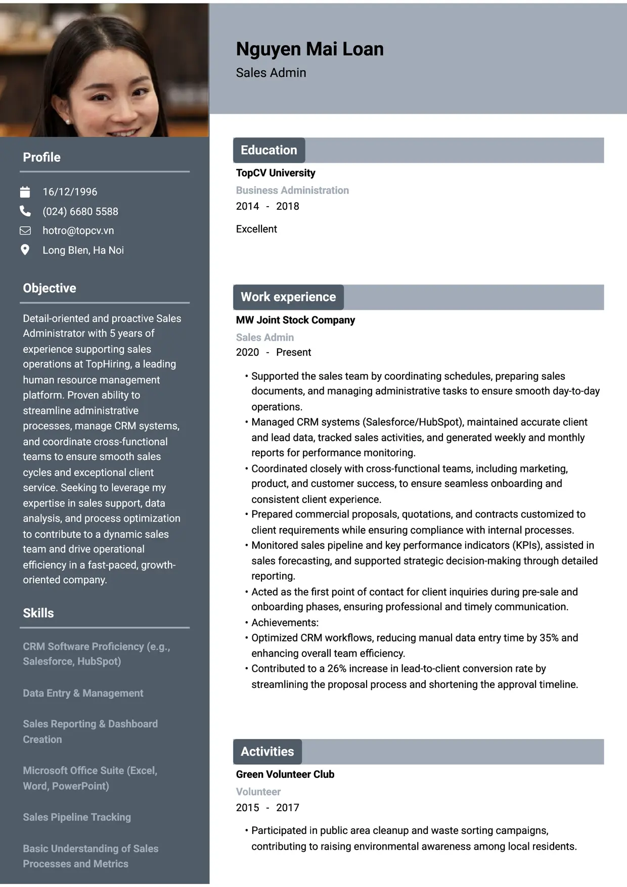 Mẫu CV xin việc Sales Admin/Sales Support/Sales Associate style Basic 1