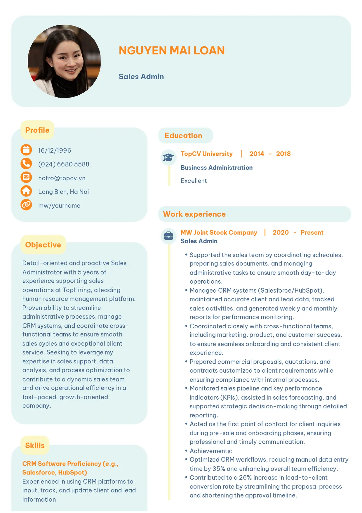 Mẫu CV xin việc Sales Admin/Sales Support/Sales Associate style Basic 3