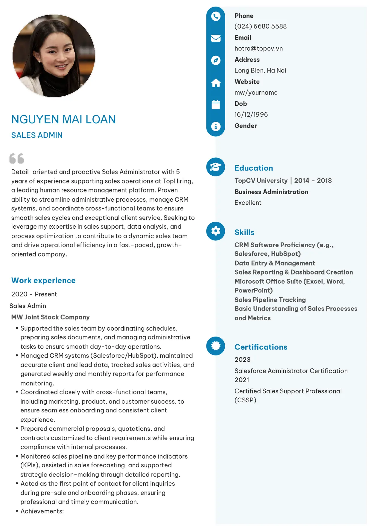 Mẫu CV xin việc Sales Admin/Sales Support/Sales Associate style Basic 4