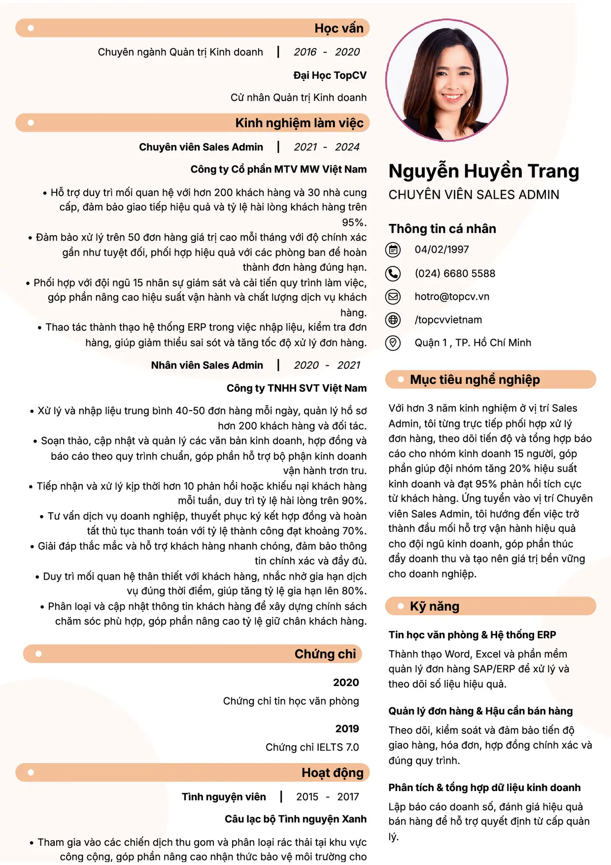 Mẫu CV xin việc Sales Admin/Sales Support/Sales Associate style Basic 5