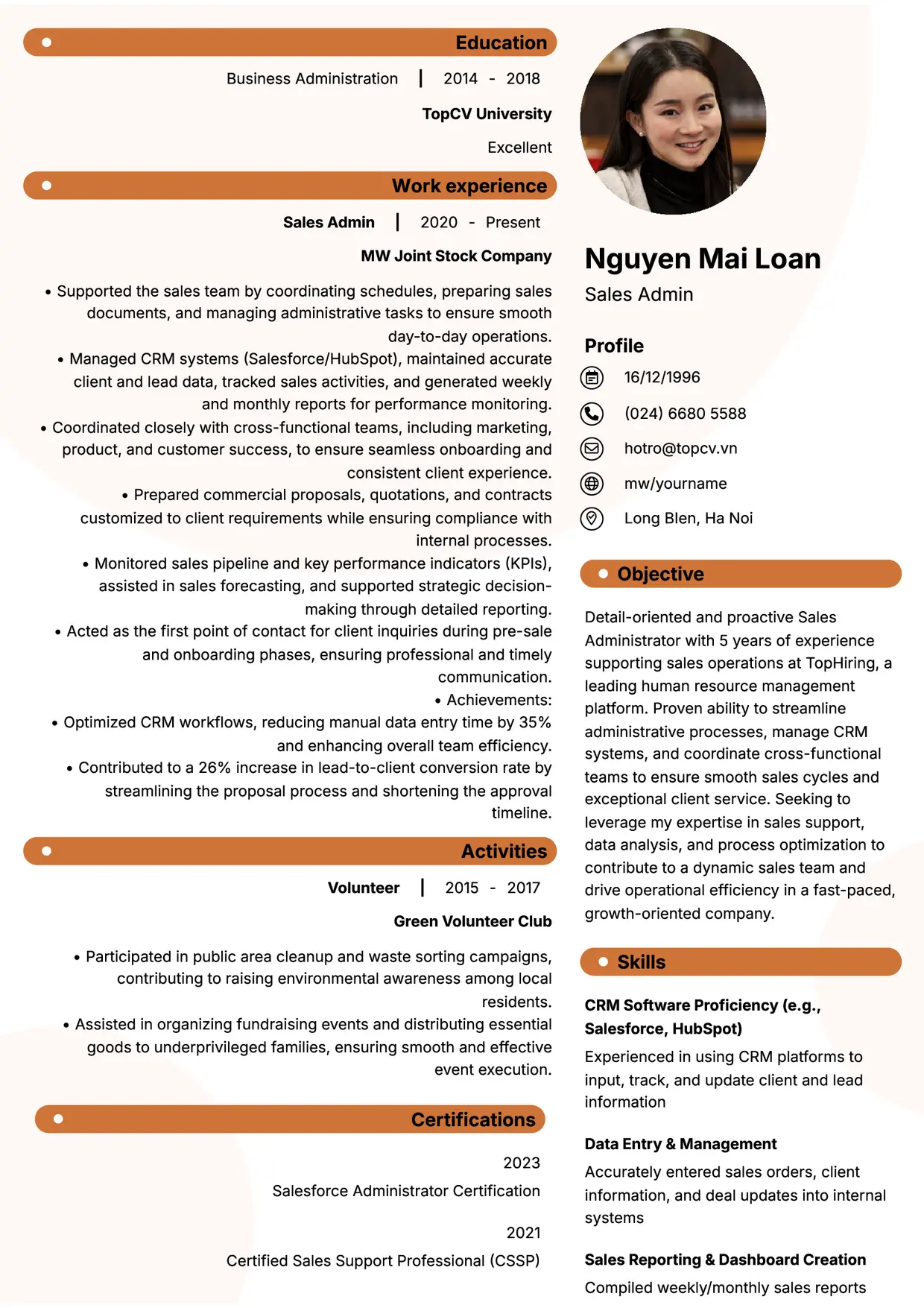 Mẫu CV xin việc Sales Admin/Sales Support/Sales Associate style Basic 5