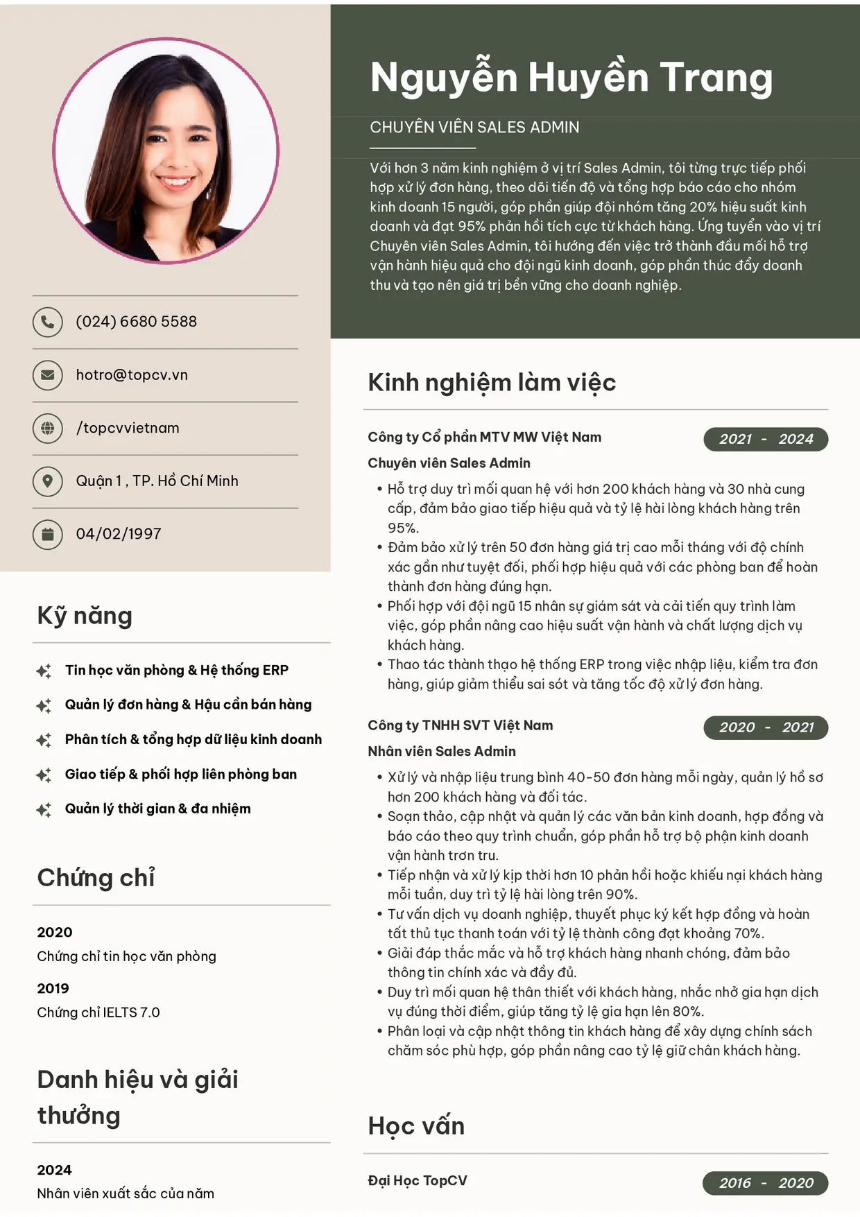 Mẫu CV xin việc Sales Admin/Sales Support/Sales Associate style Bright