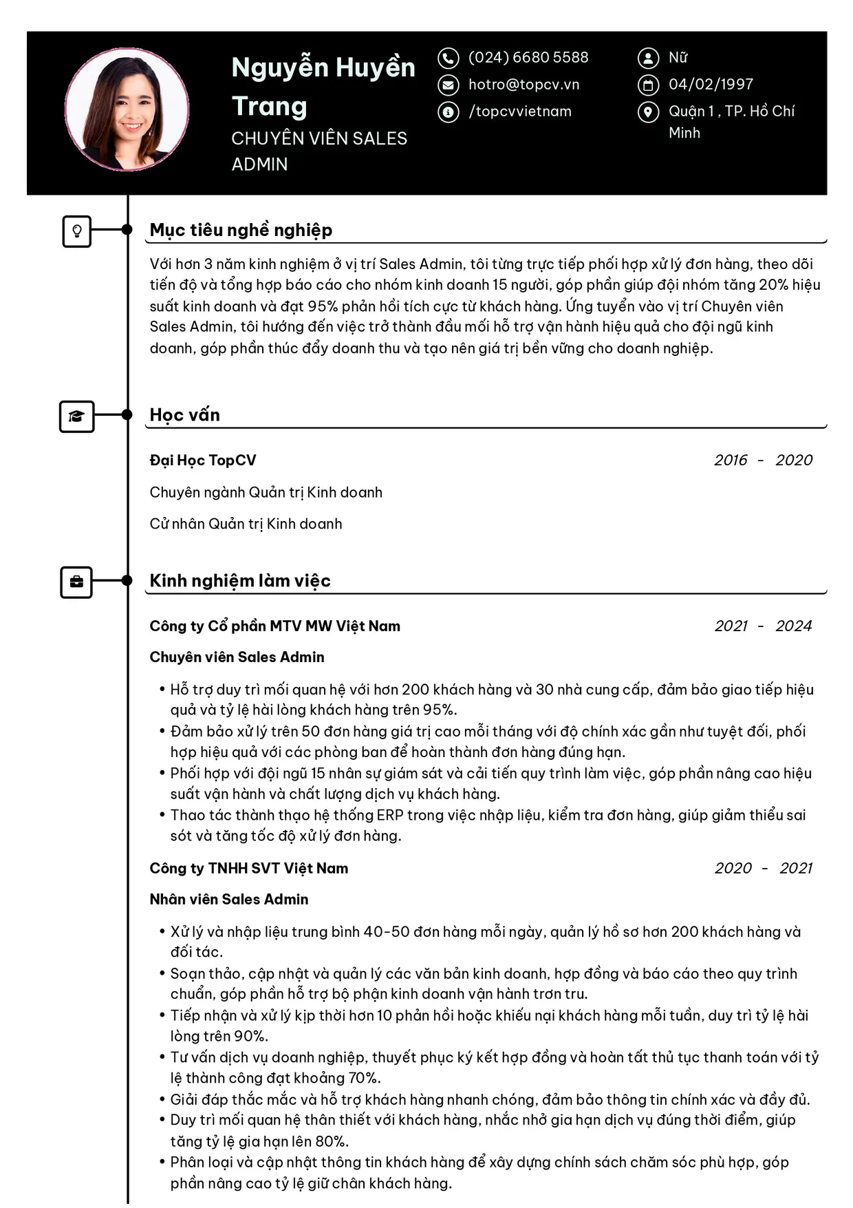 Mẫu CV xin việc Sales Admin/Sales Support/Sales Associate style Cao Cấp