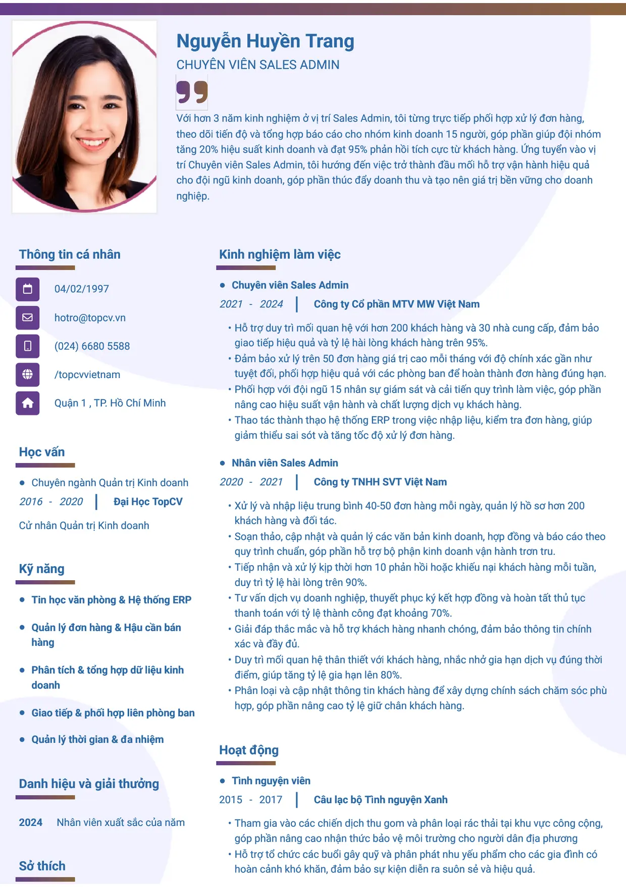 Mẫu CV xin việc Sales Admin/Sales Support/Sales Associate style Gradient 1