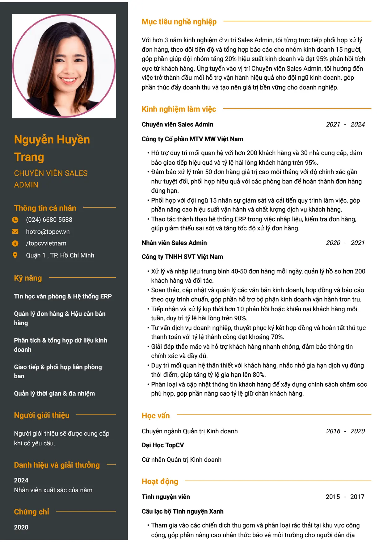 Mẫu CV xin việc Sales Admin/Sales Support/Sales Associate style Tham vọng