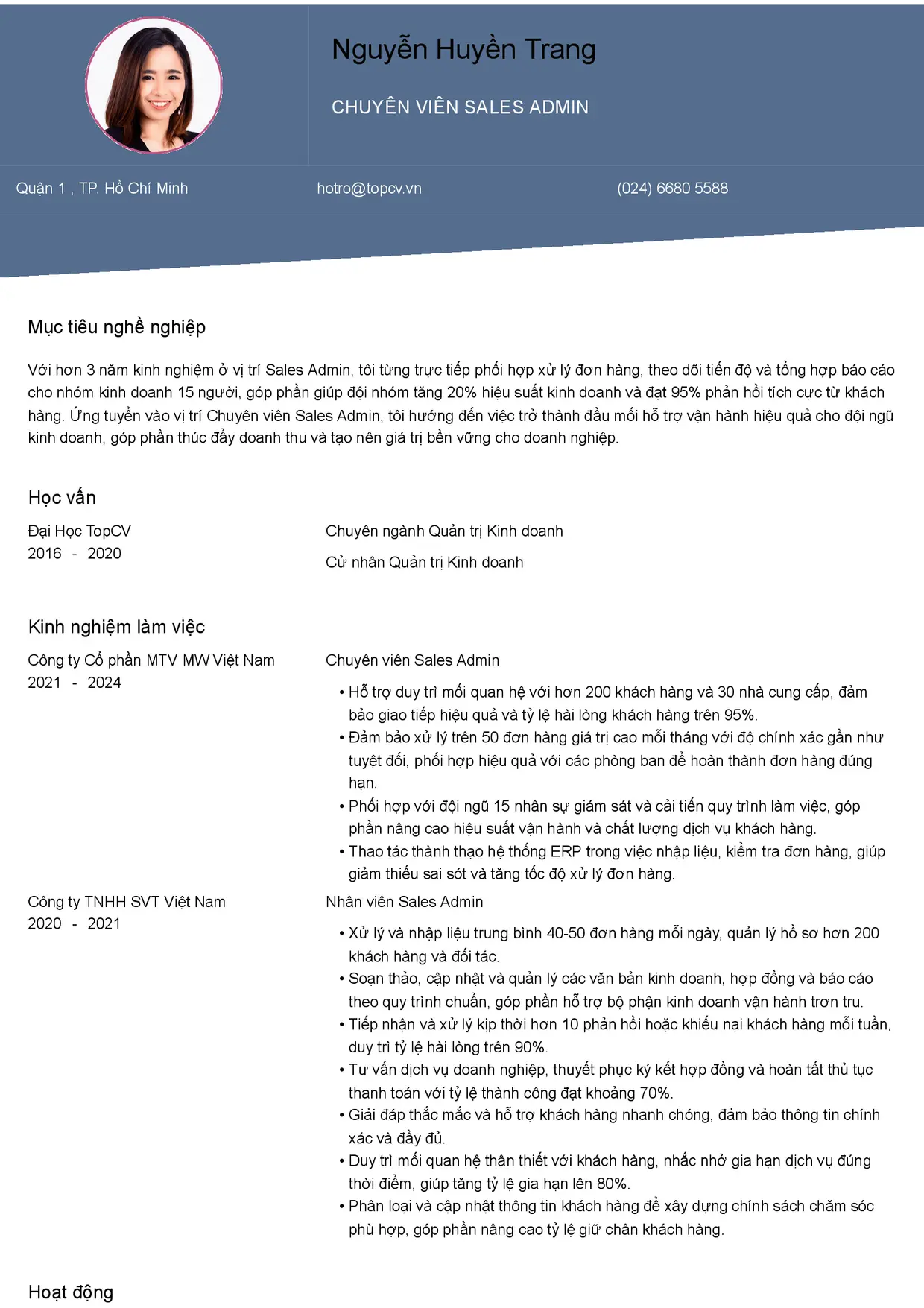Mẫu CV xin việc Sales Admin/Sales Support/Sales Associate style Thanh Lịch 1