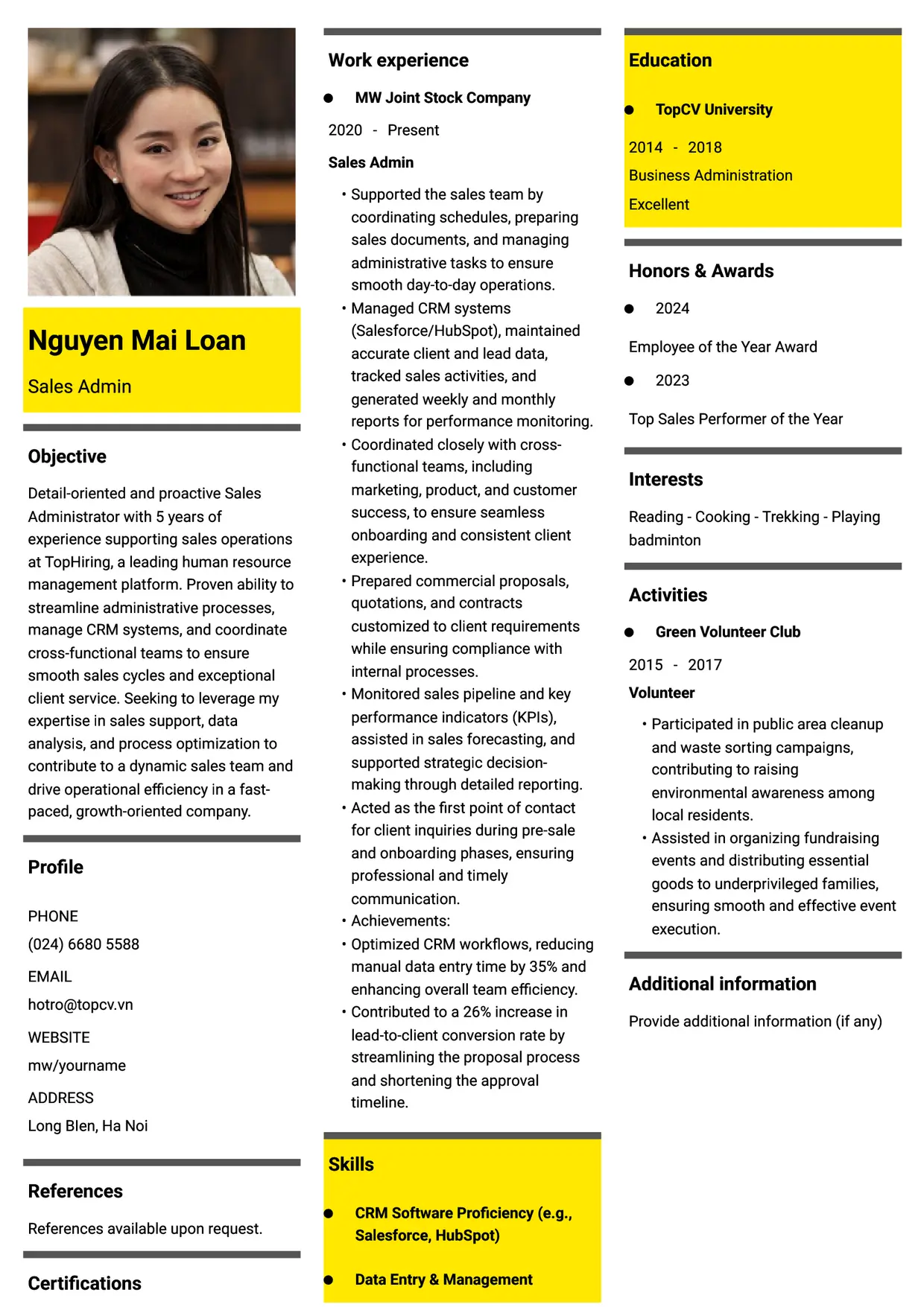 Mẫu CV xin việc Sales Admin/Sales Support/Sales Associate style Thời đại