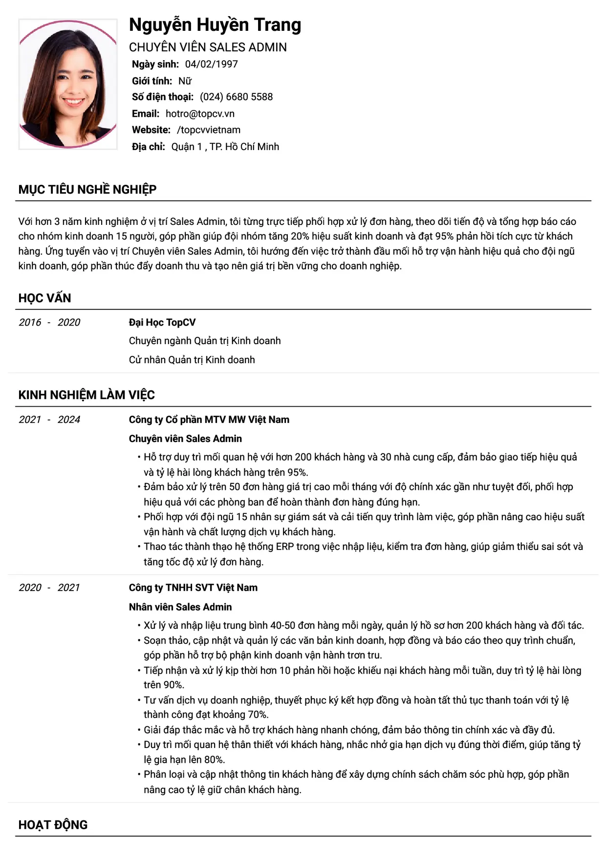 Mẫu CV xin việc Sales Admin/Sales Support/Sales Associate style Tiêu chuẩn