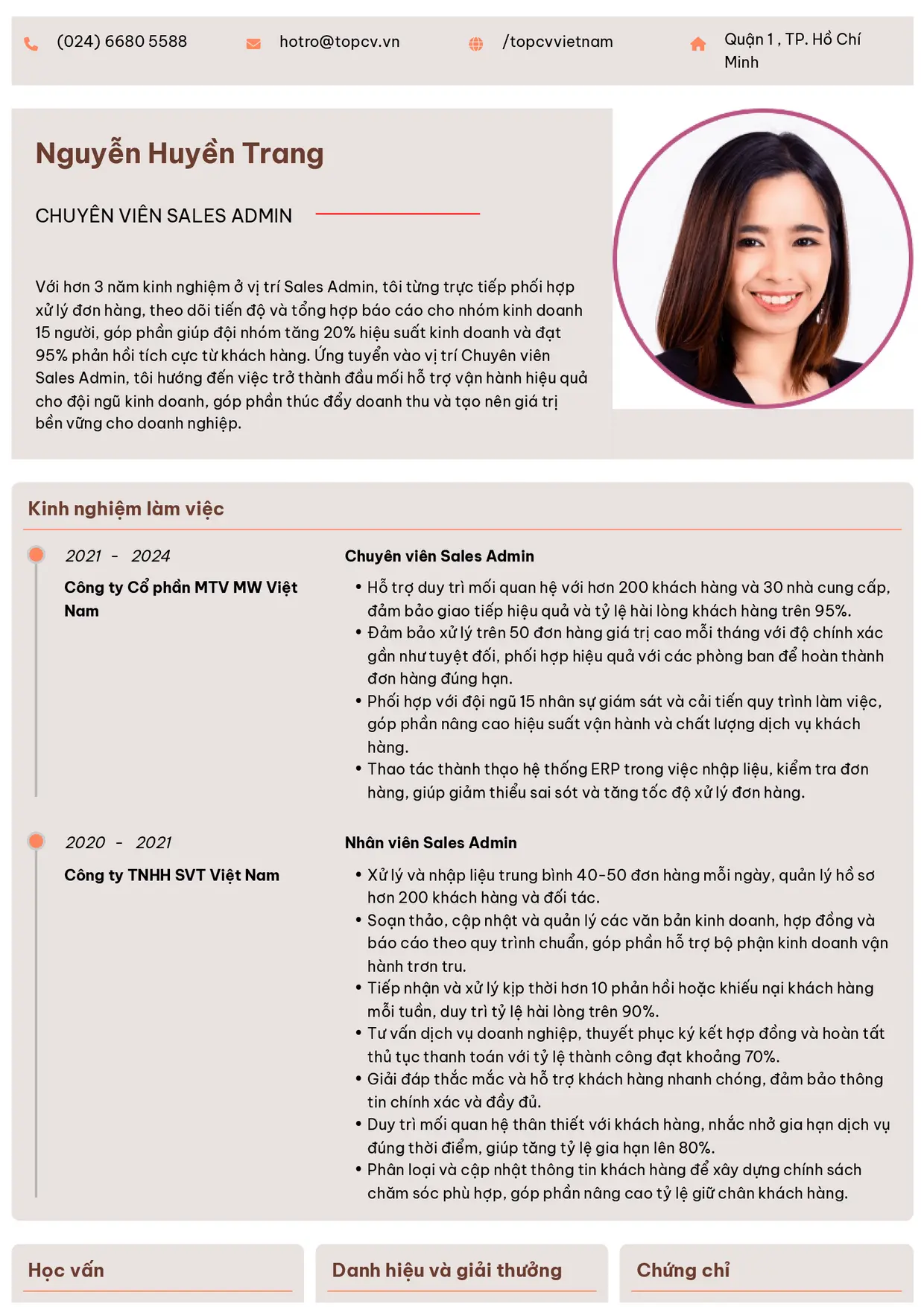 Mẫu CV xin việc Sales Admin/Sales Support/Sales Associate style Trang trọng