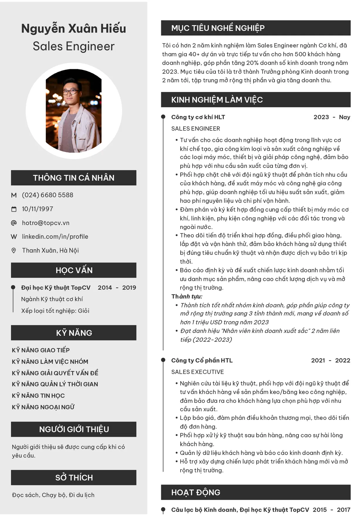 Mẫu CV xin việc Sales Engineer style Clarity