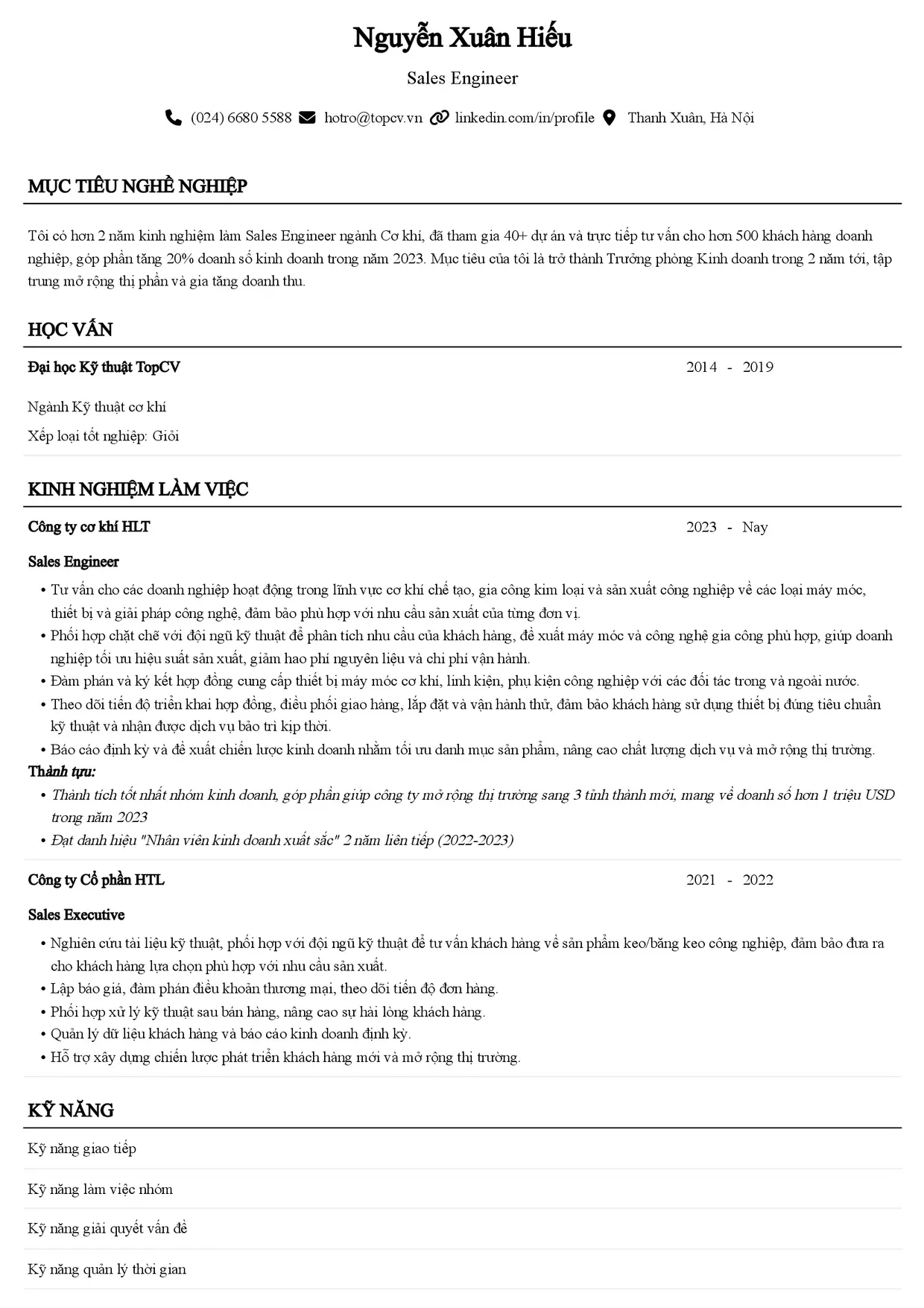 Mẫu CV xin việc Sales Engineer style Senior